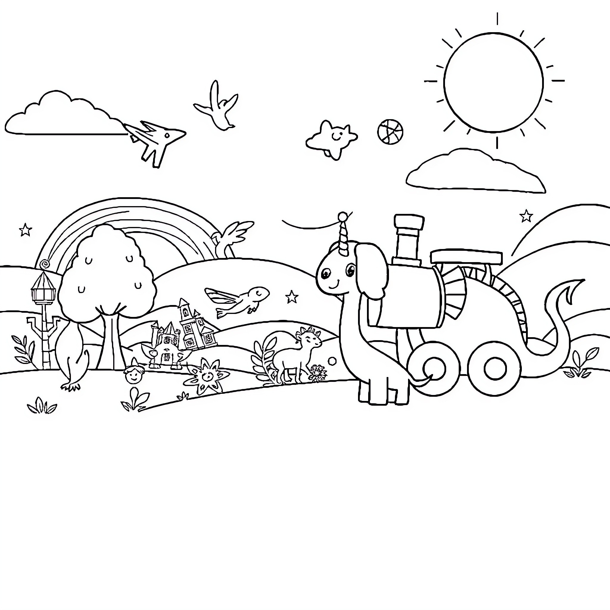 Drawing of a Whimsical Outdoor Scene with Creatures Coloring Page (free black-and-white line drawing printable PDF for all, from beginners to advanced learners, including children, teens, adults, and seniors)