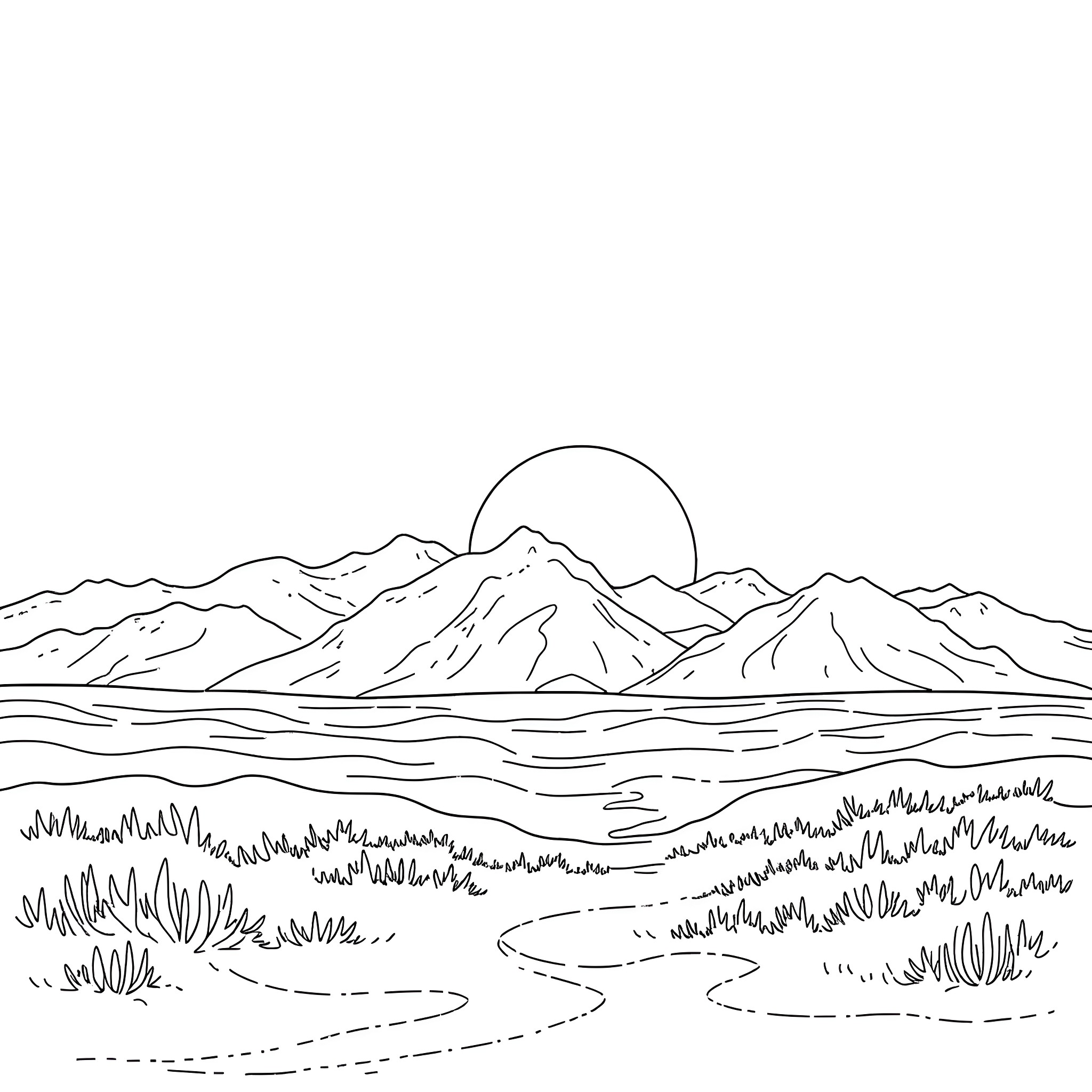 Sunset silhouette of mountains and lake Coloring Page (free black-and-white line drawing printable PDF for all, from beginners to advanced learners, including children, teens, adults, and seniors)