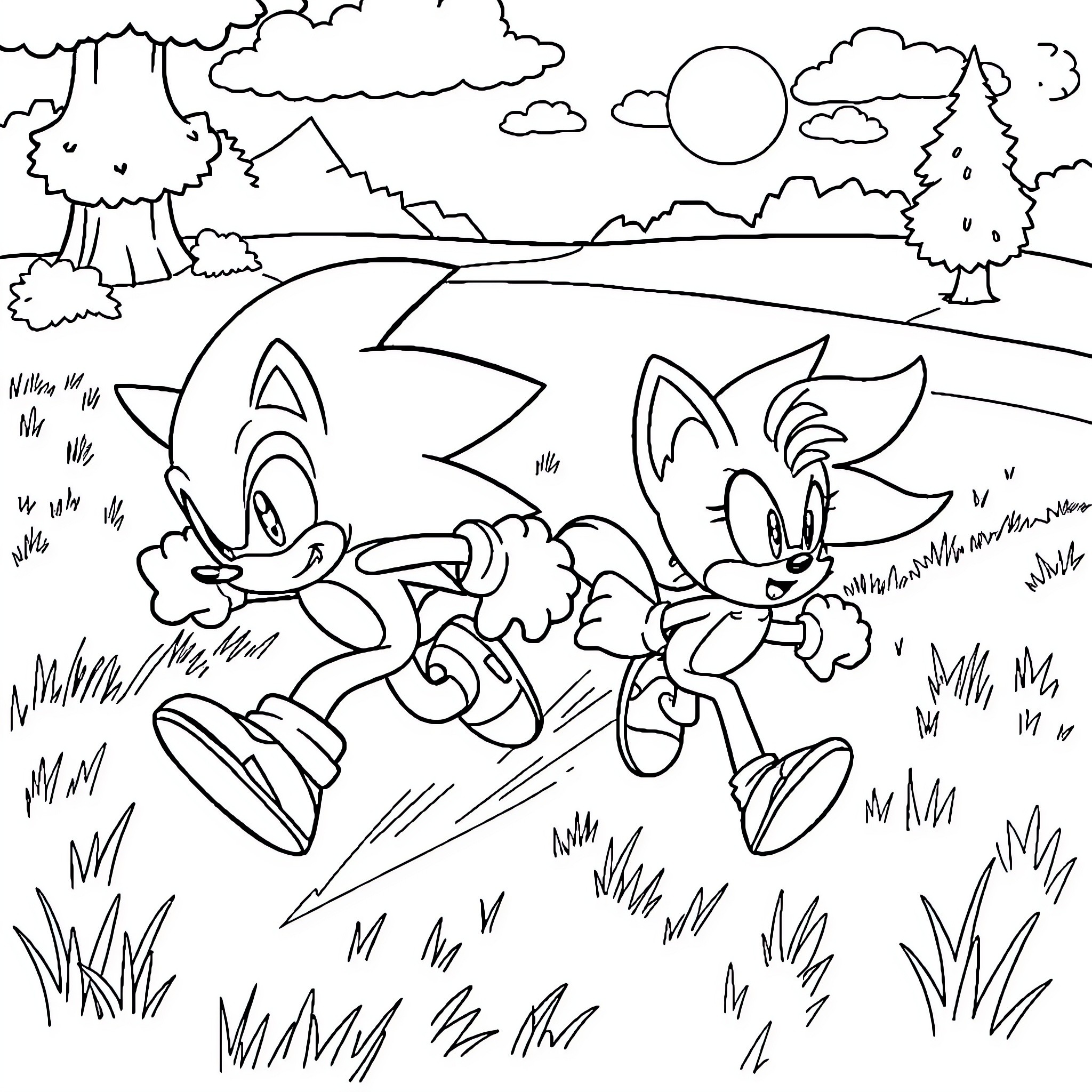 Sonic and Friends Enjoying a Sunny Outdoor Adventure Coloring Page (free black-and-white line drawing printable PDF for all, from beginners to advanced learners, including children, teens, adults, and seniors)