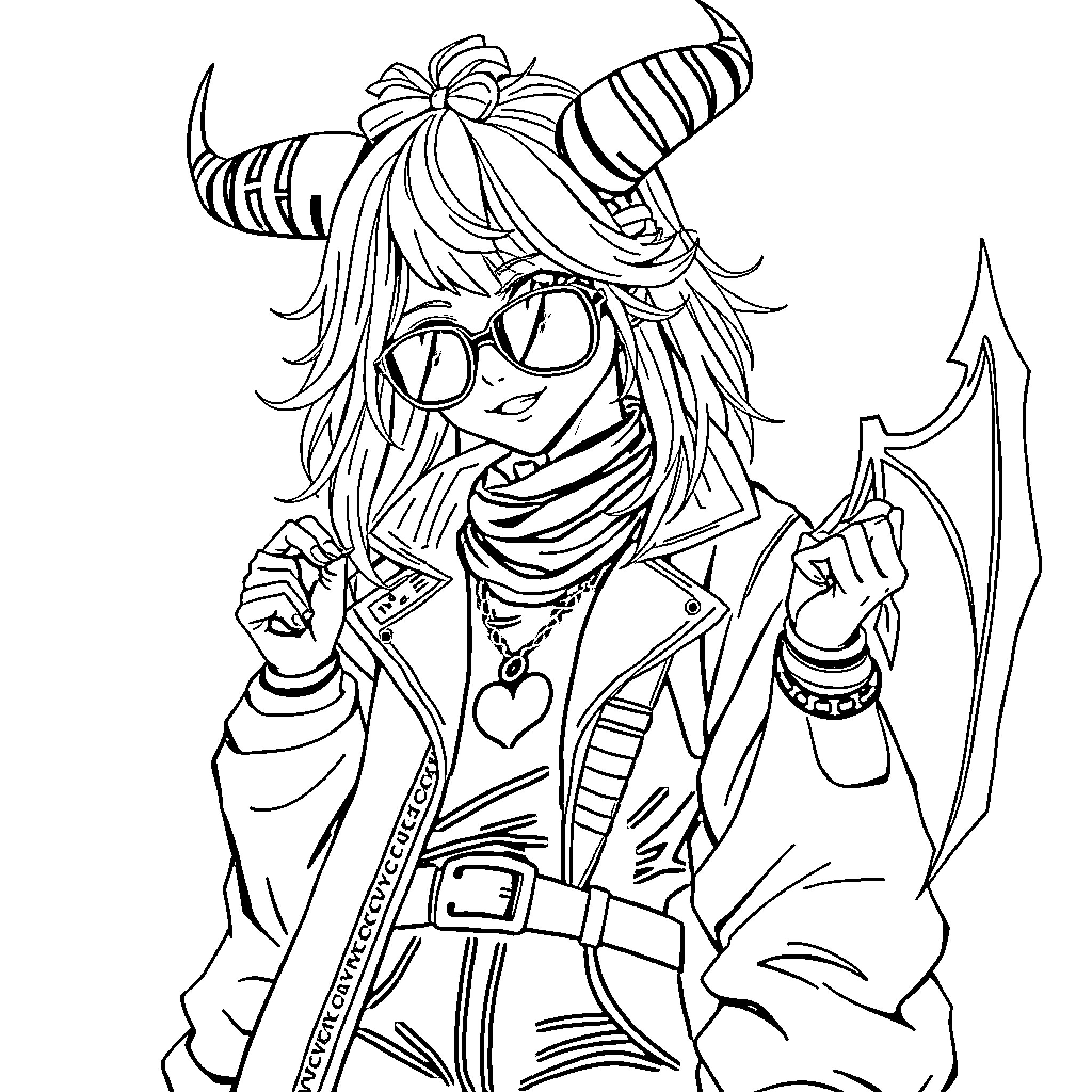 Kpop Demon Hunter with Bold Outfit and Fierce Stance Coloring Page (free black-and-white line drawing printable PDF for all, from beginners to advanced learners, including children, teens, adults, and seniors)
