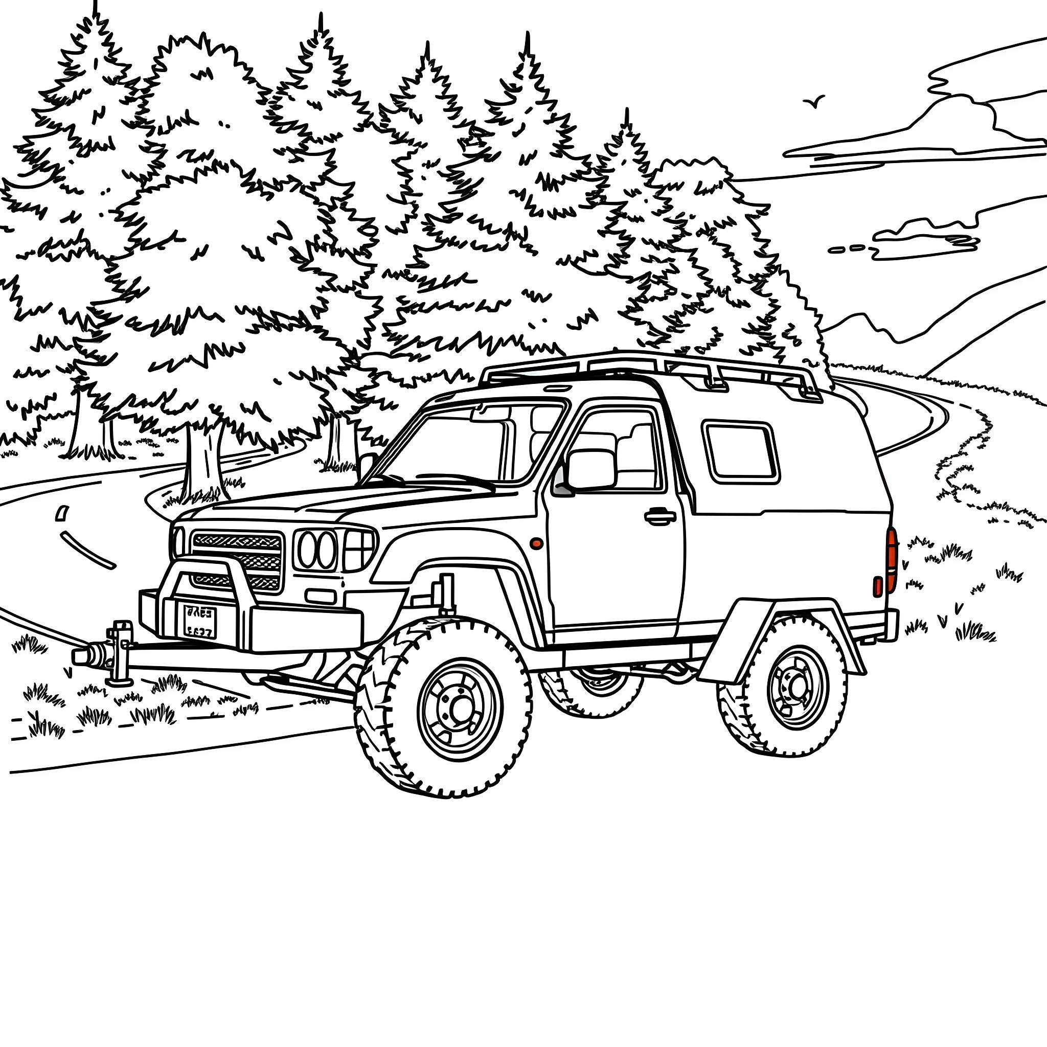 Car Trailer Hauling Rugged Off-Road Vehicle in Scenic Forest Coloring Page (free black-and-white line drawing printable PDF for all, from beginners to advanced learners, including children, teens, adults, and seniors)