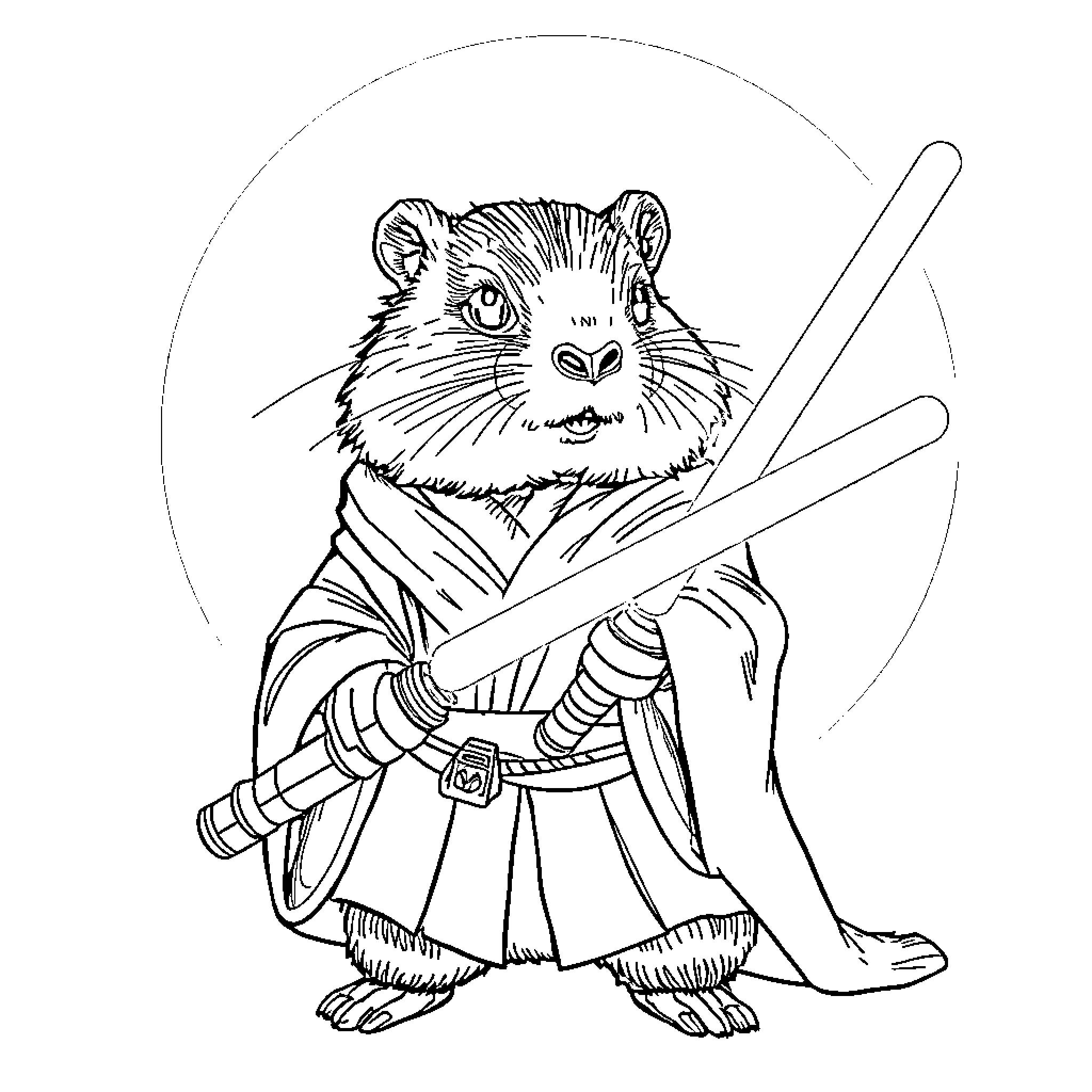 Jedi Capybara wielding a lightsaber in battle stance Coloring Page (free black-and-white line drawing printable PDF for all, from beginners to advanced learners, including children, teens, adults, and seniors)