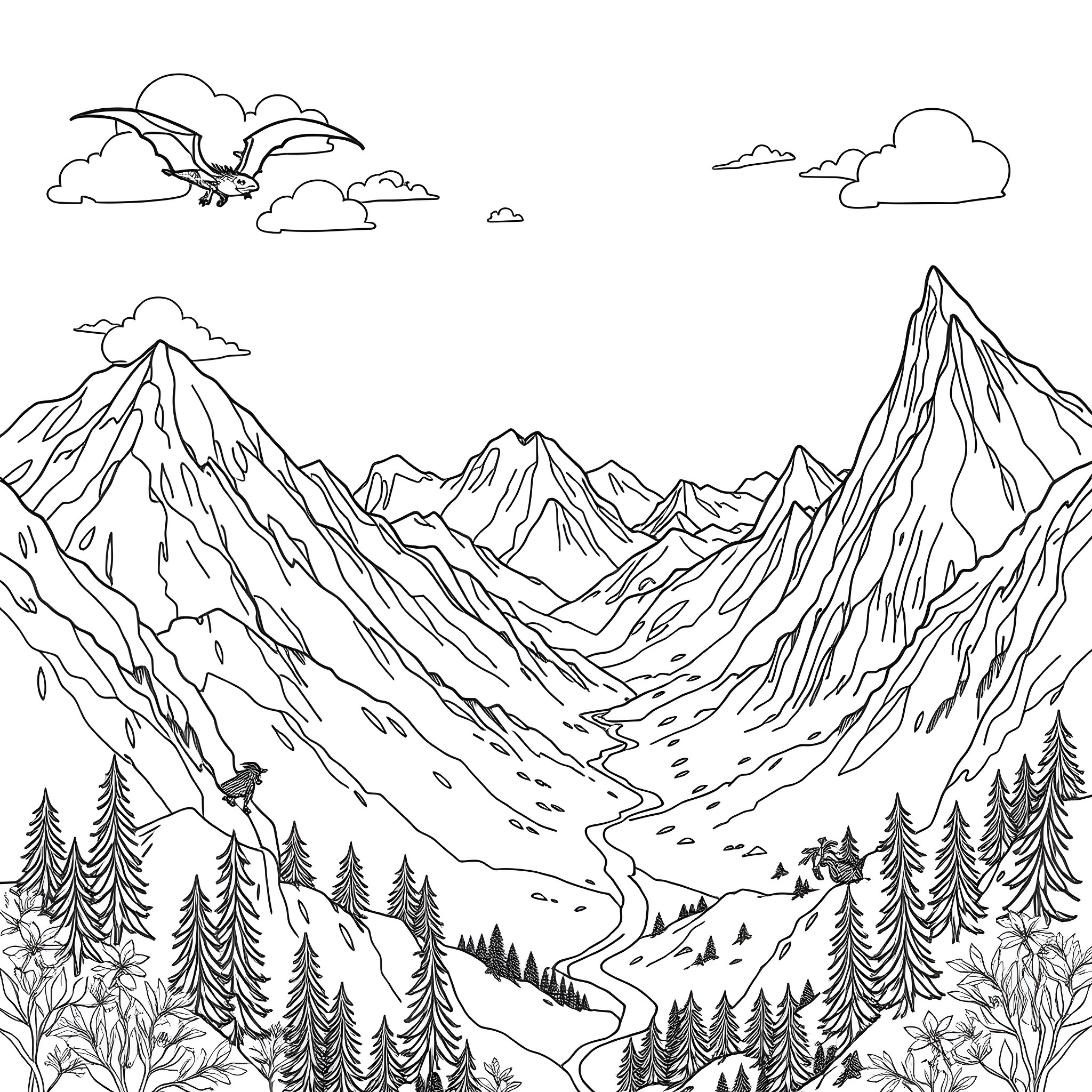 Dragon soaring over majestic mountain landscape Coloring Page (free black-and-white line drawing printable PDF for all, from beginners to advanced learners, including children, teens, adults, and seniors)