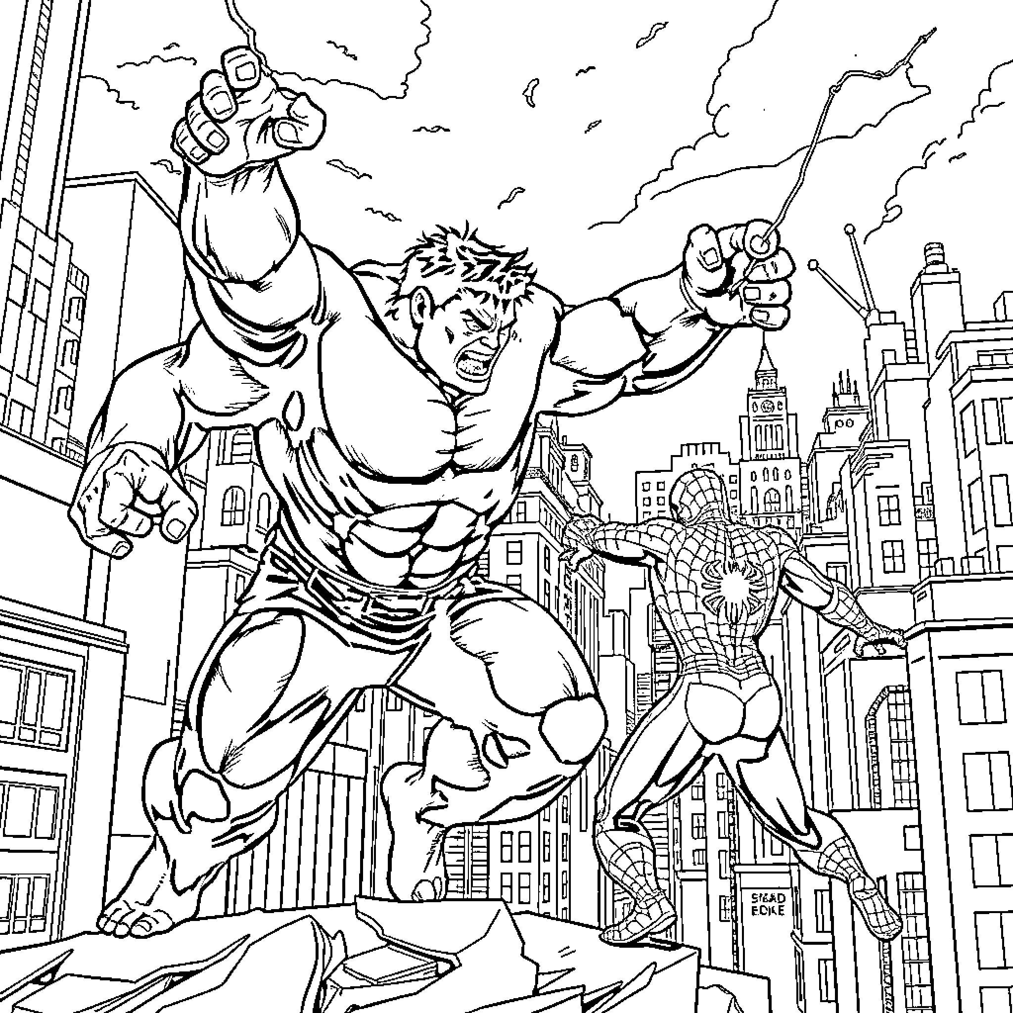 Hulk unleashing power in the city Coloring Page (free black-and-white line drawing printable PDF for all, from beginners to advanced learners, including children, teens, adults, and seniors)