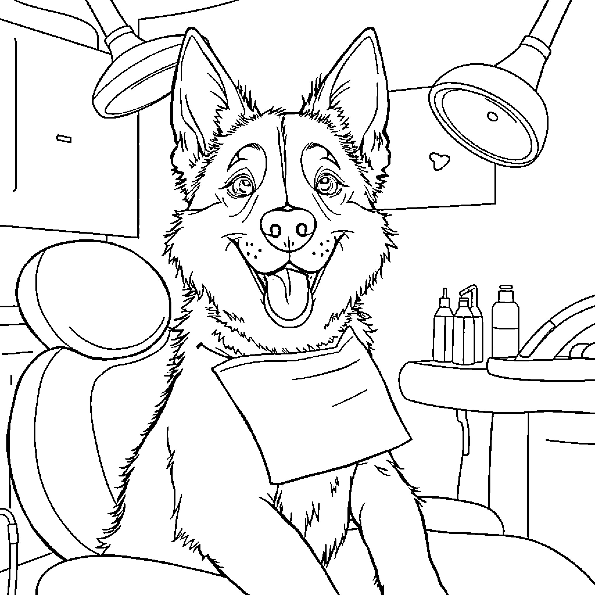 Paw Patrol Dog at the Veterinary Clinic Coloring Page (free black-and-white line drawing printable PDF for all, from beginners to advanced learners, including children, teens, adults, and seniors)