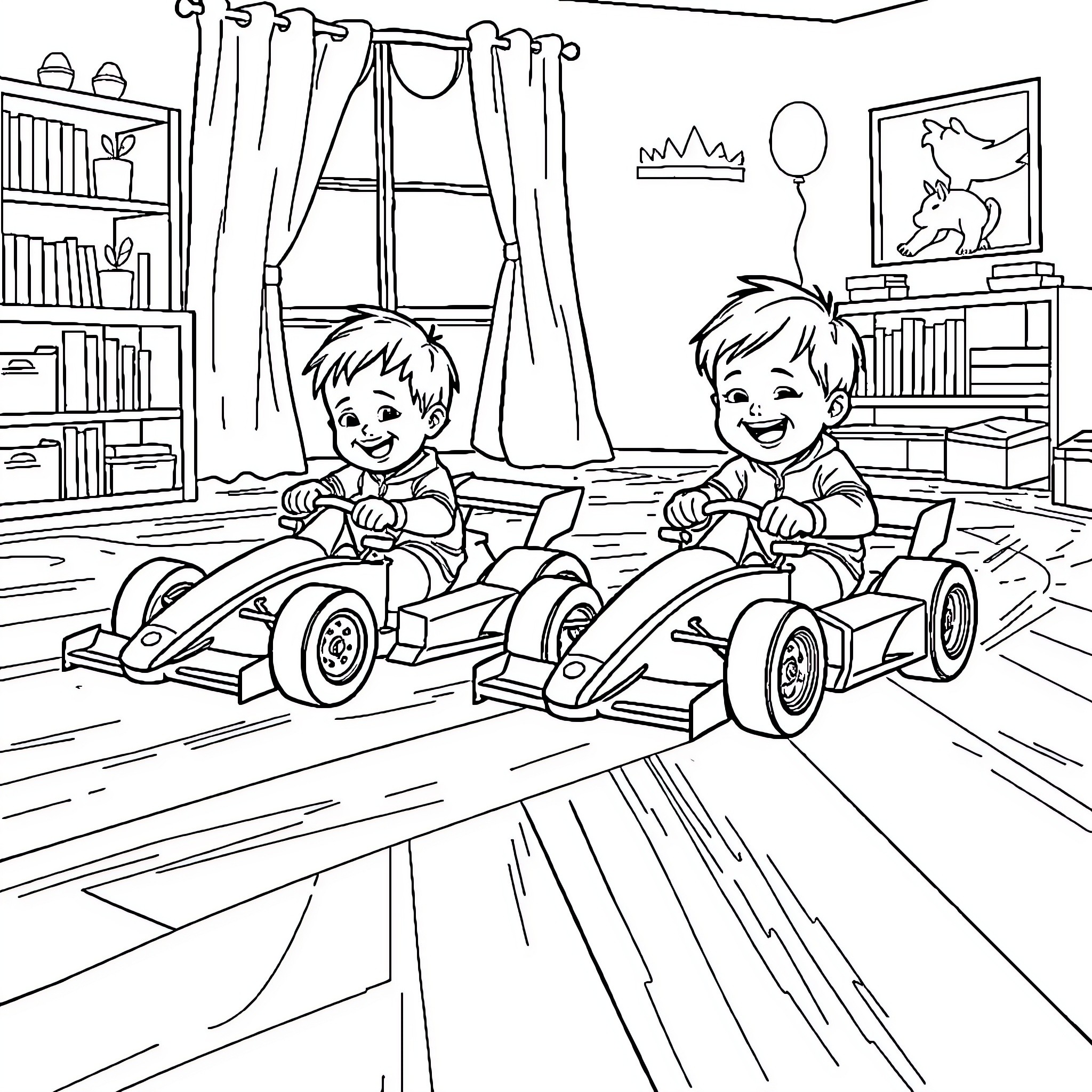 Toddlers racing toy cars in bedroom Coloring Page (free black-and-white line drawing printable PDF for all, from beginners to advanced learners, including children, teens, adults, and seniors)