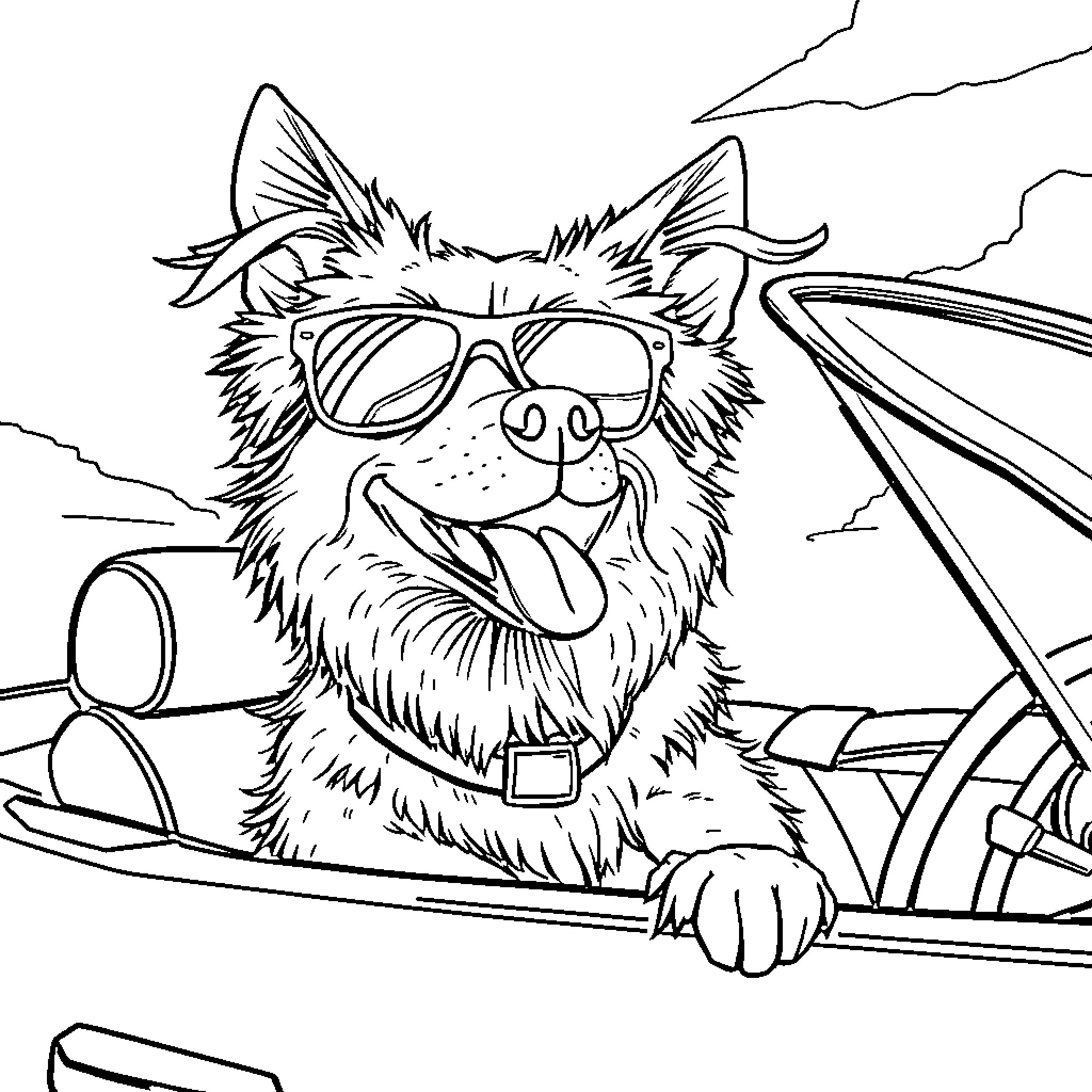 Dog driving a car wearing sunglasses Coloring Page (free black-and-white line drawing printable PDF for all, from beginners to advanced learners, including children, teens, adults, and seniors)