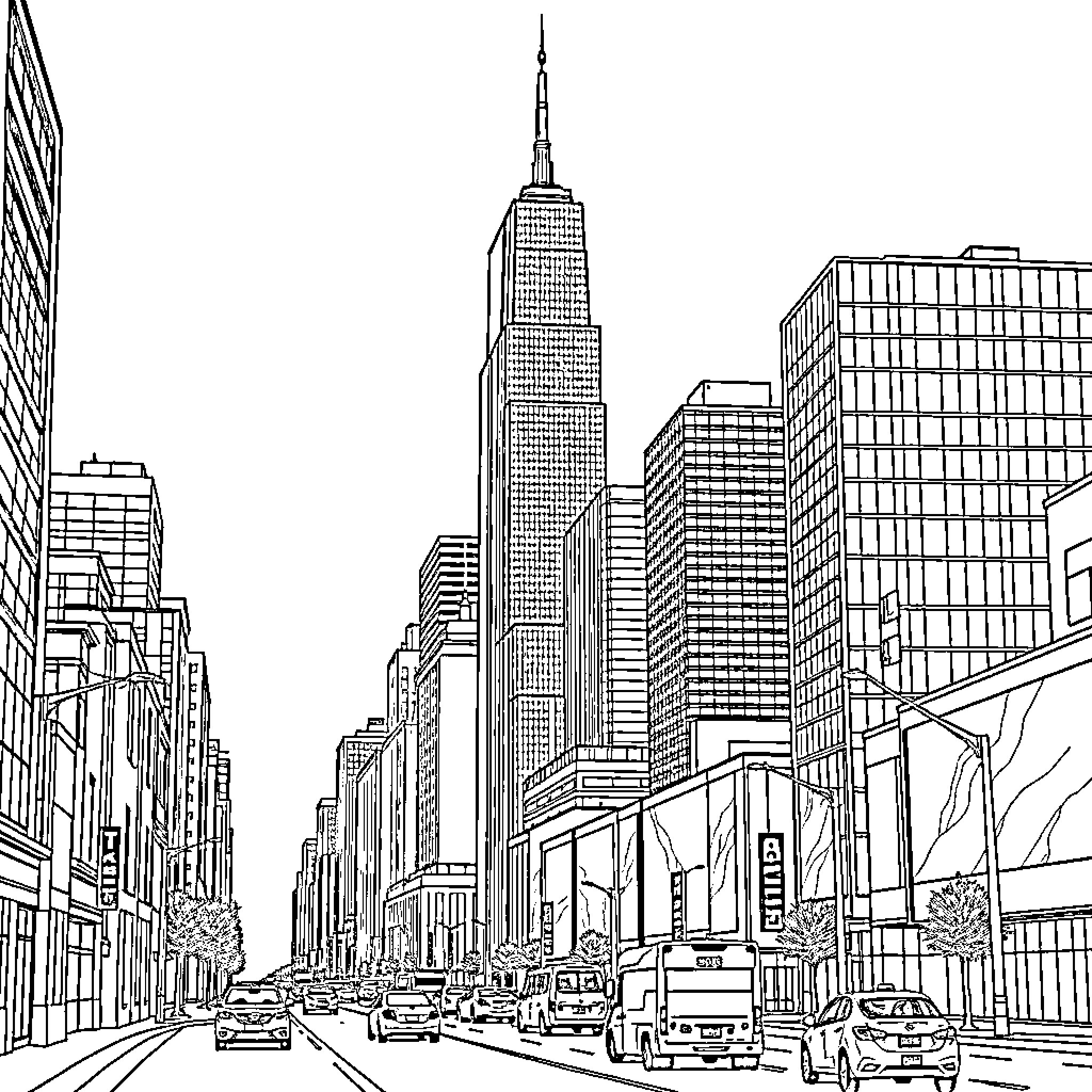 Building skyline with iconic skyscraper in the city Coloring Page (free black-and-white line drawing printable PDF for all, from beginners to advanced learners, including children, teens, adults, and seniors)