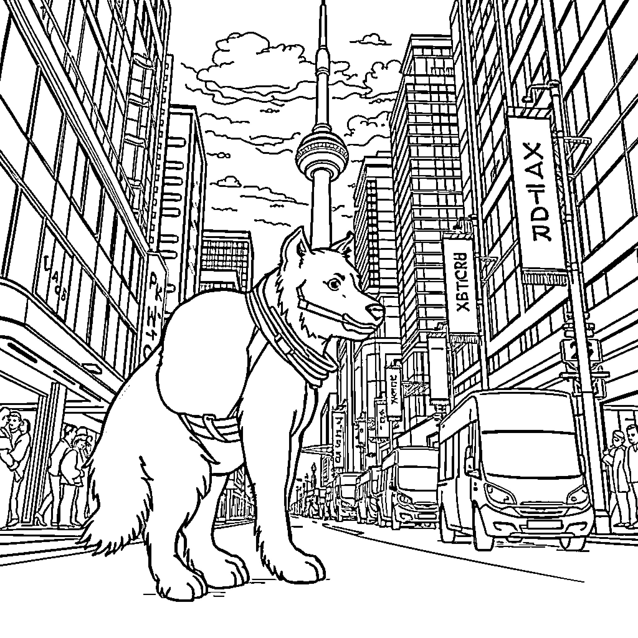 Huntrix explores the bustling cityscape Coloring Page (free black-and-white line drawing printable PDF for all, from beginners to advanced learners, including children, teens, adults, and seniors)