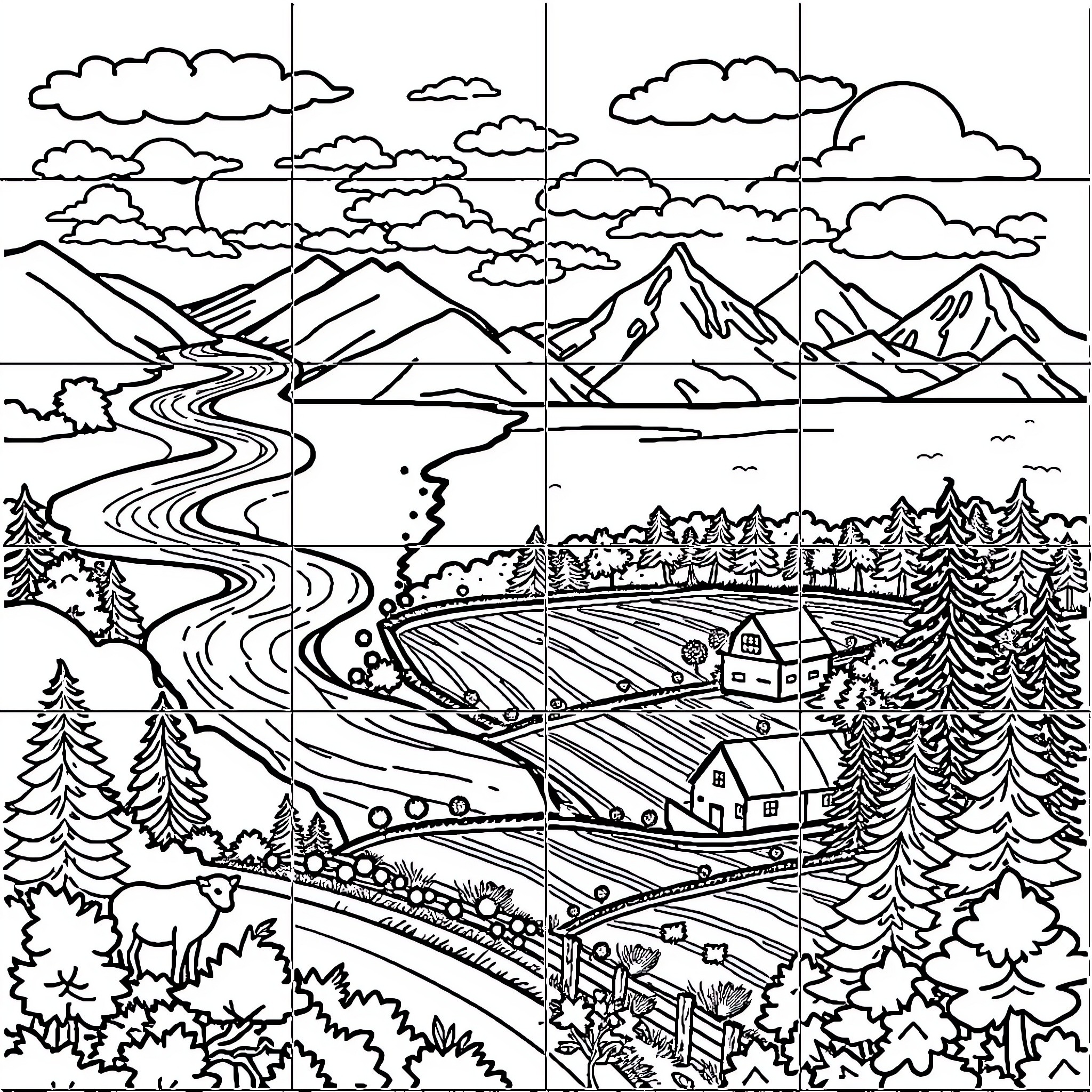 Nature's Serene Landscape with Winding Roads and Mountain Vistas Coloring Page (free black-and-white line drawing printable PDF for all, from beginners to advanced learners, including children, teens, adults, and seniors)
