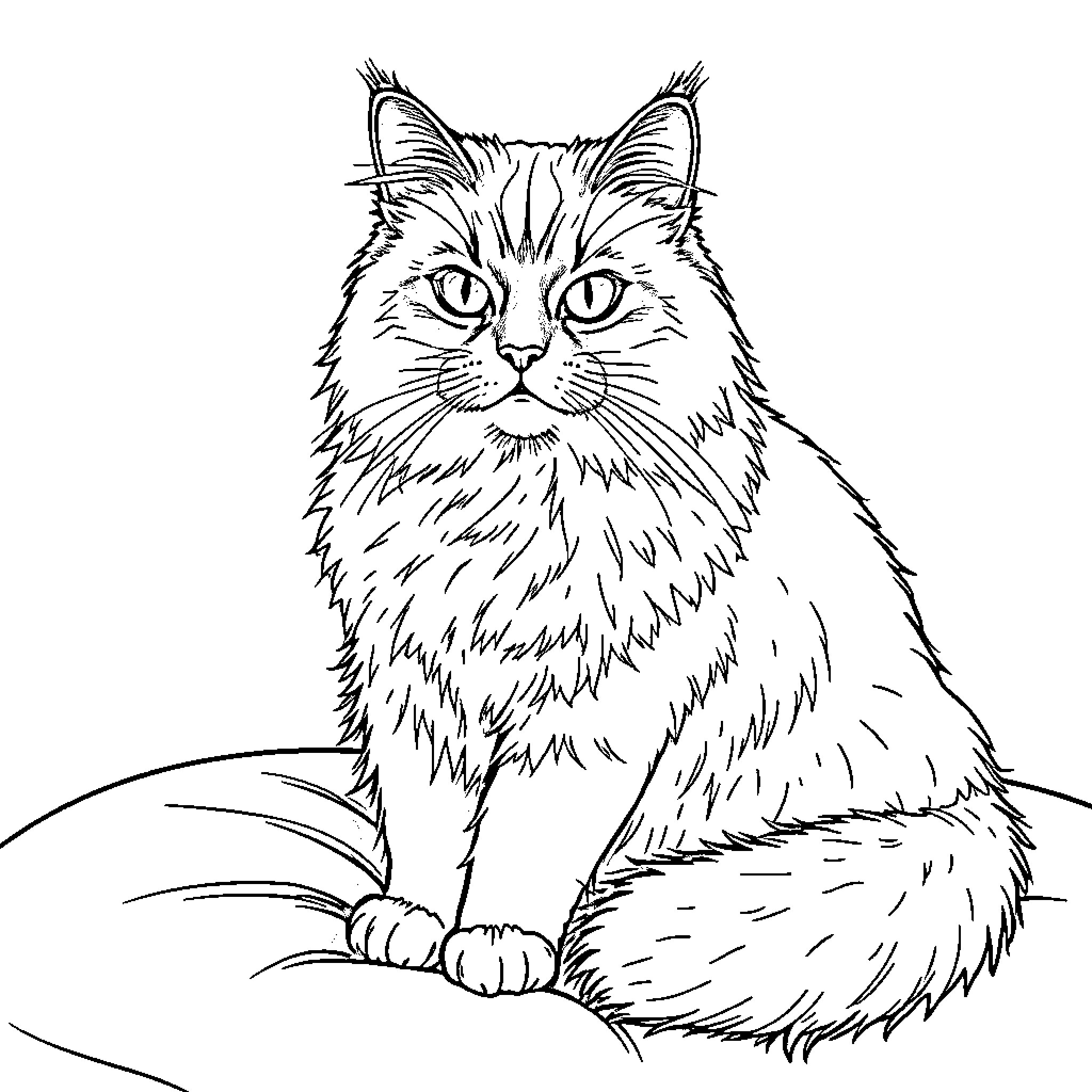 Himalayan Cat sitting with attentive expression Coloring Page (free black-and-white line drawing printable PDF for all, from beginners to advanced learners, including children, teens, adults, and seniors)
