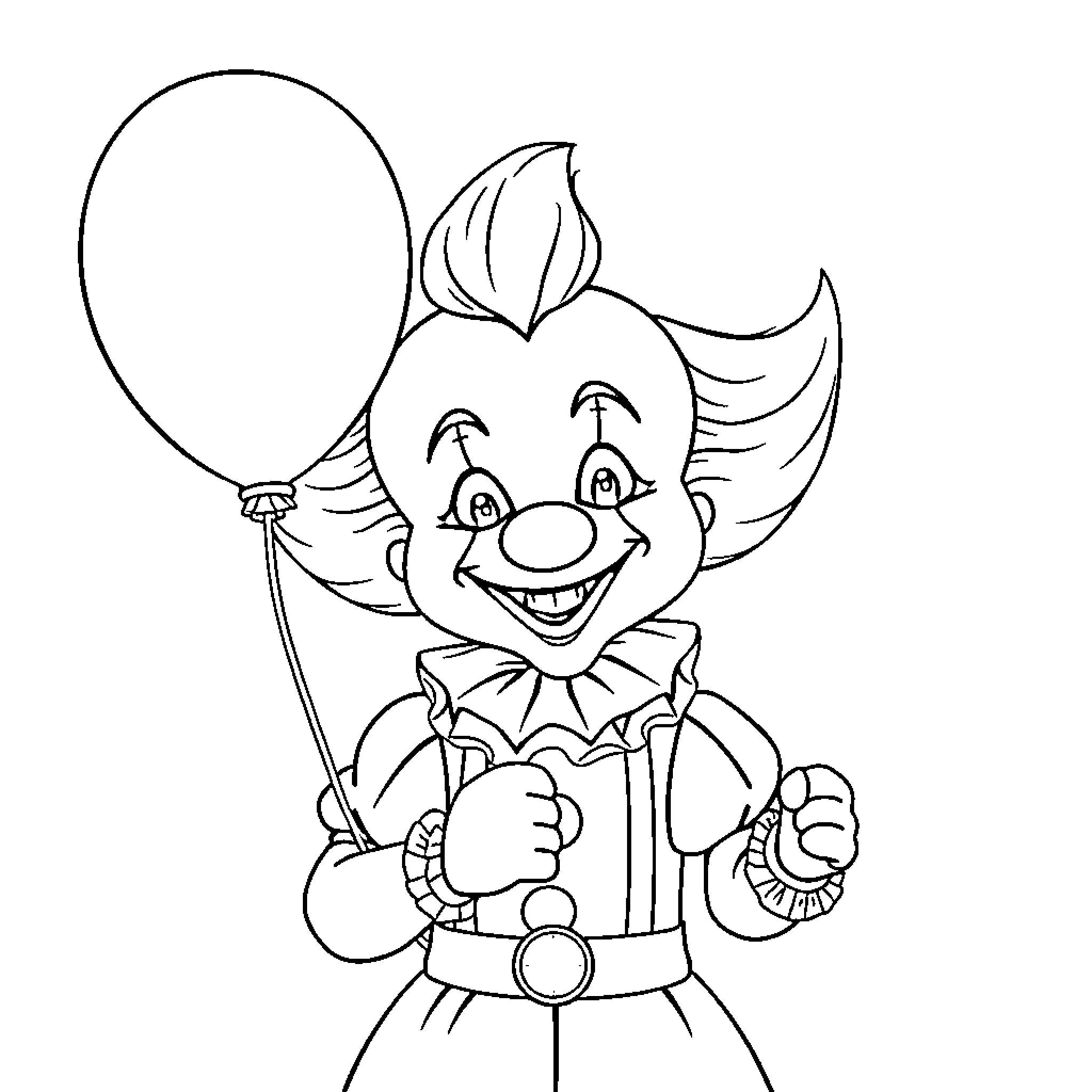 Clown with Balloon Expressing Joy Coloring Page (free black-and-white line drawing printable PDF for all, from beginners to advanced learners, including children, teens, adults, and seniors)