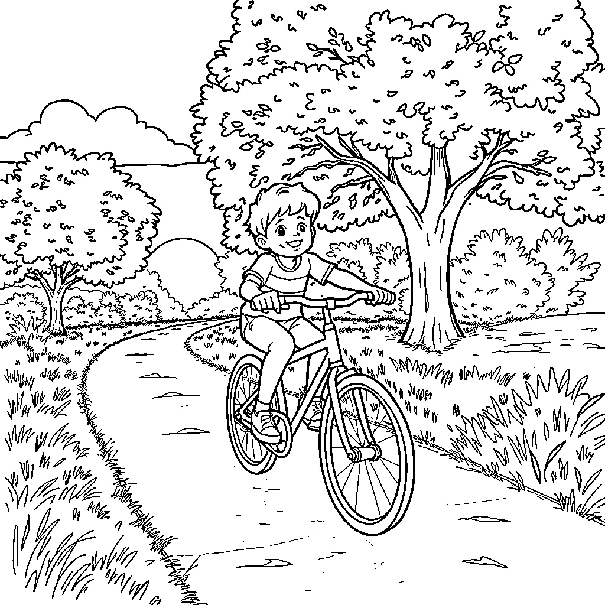 Boy riding bicycle through scenic park Coloring Page (free black-and-white line drawing printable PDF for all, from beginners to advanced learners, including children, teens, adults, and seniors)