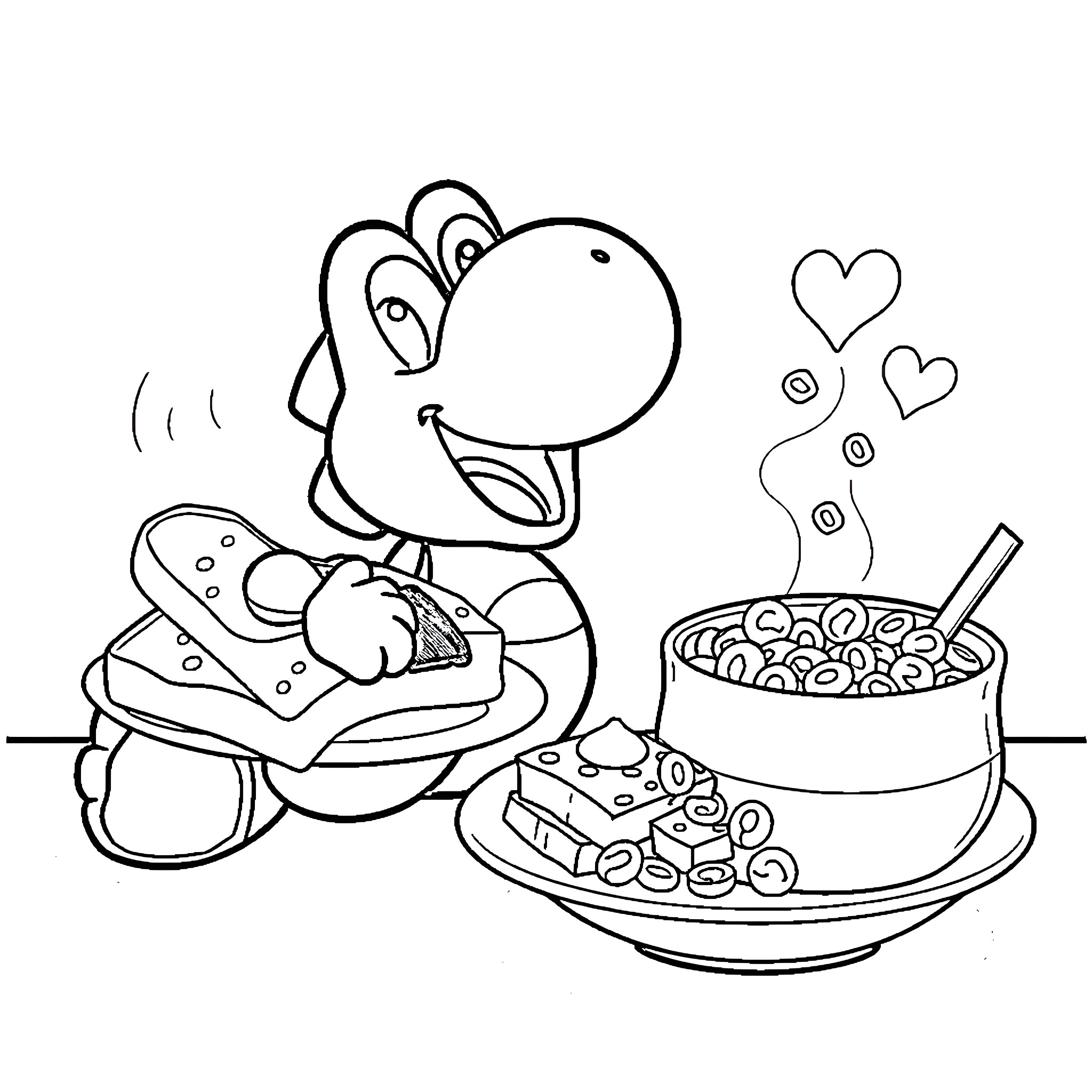 Yoshi enjoying a hearty breakfast Coloring Page (free black-and-white line drawing printable PDF for all, from beginners to advanced learners, including children, teens, adults, and seniors)