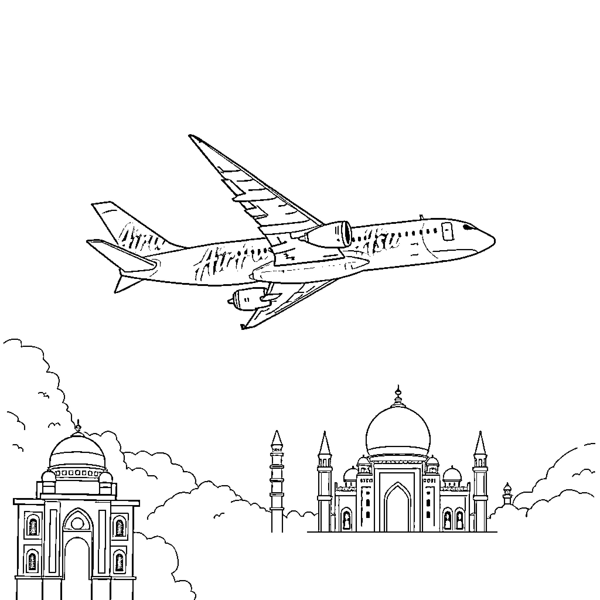 Aircraft flying over architectural landmark Coloring Page (free black-and-white line drawing printable PDF for all, from beginners to advanced learners, including children, teens, adults, and seniors)