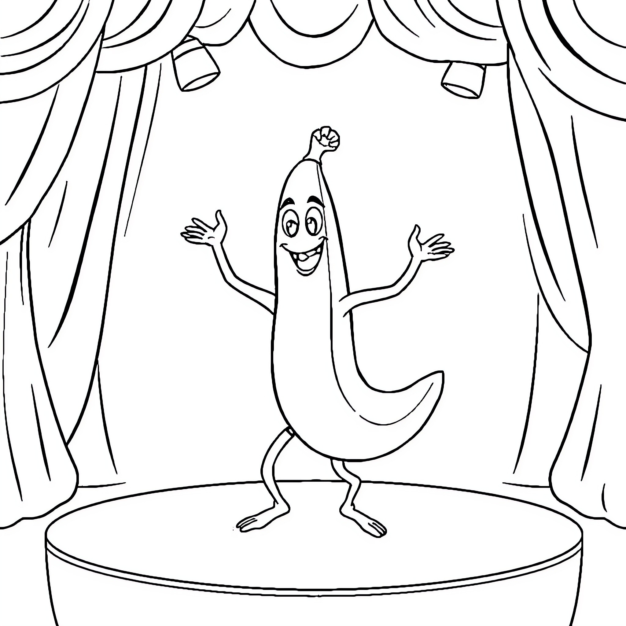 Banana performing on stage happily Coloring Page (free black-and-white line drawing printable PDF for all, from beginners to advanced learners, including children, teens, adults, and seniors)