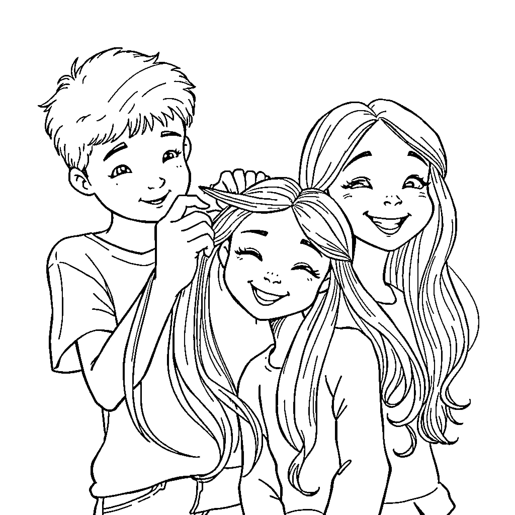 Girl having fun with friends in playful scene Coloring Page (free black-and-white line drawing printable PDF for all, from beginners to advanced learners, including children, teens, adults, and seniors)