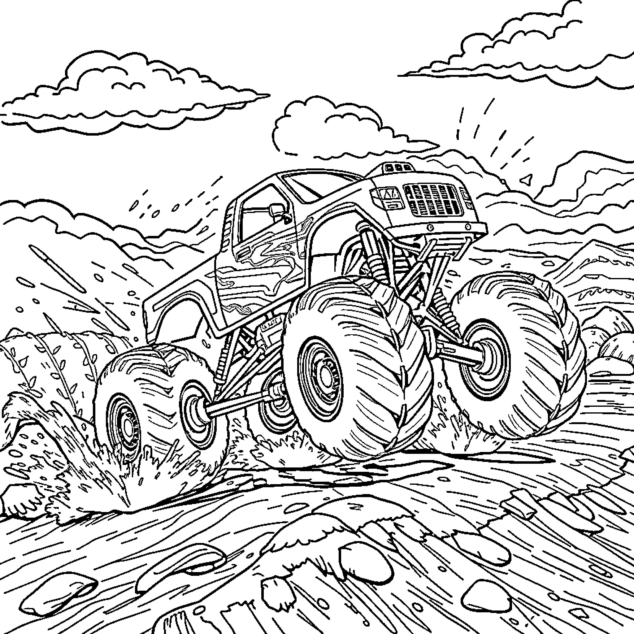 Monster Truck Crushing Through Rugged Terrain Coloring Page (free black-and-white line drawing printable PDF for all, from beginners to advanced learners, including children, teens, adults, and seniors)