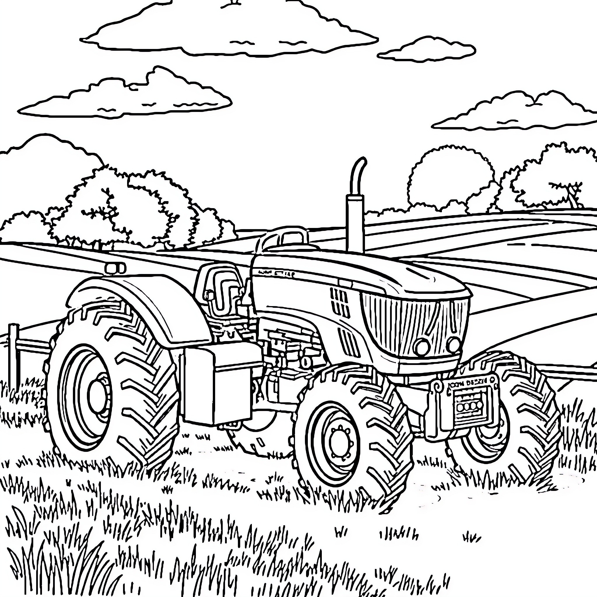 Tractor in a countryside landscape Coloring Page (free black-and-white line drawing printable PDF for all, from beginners to advanced learners, including children, teens, adults, and seniors)