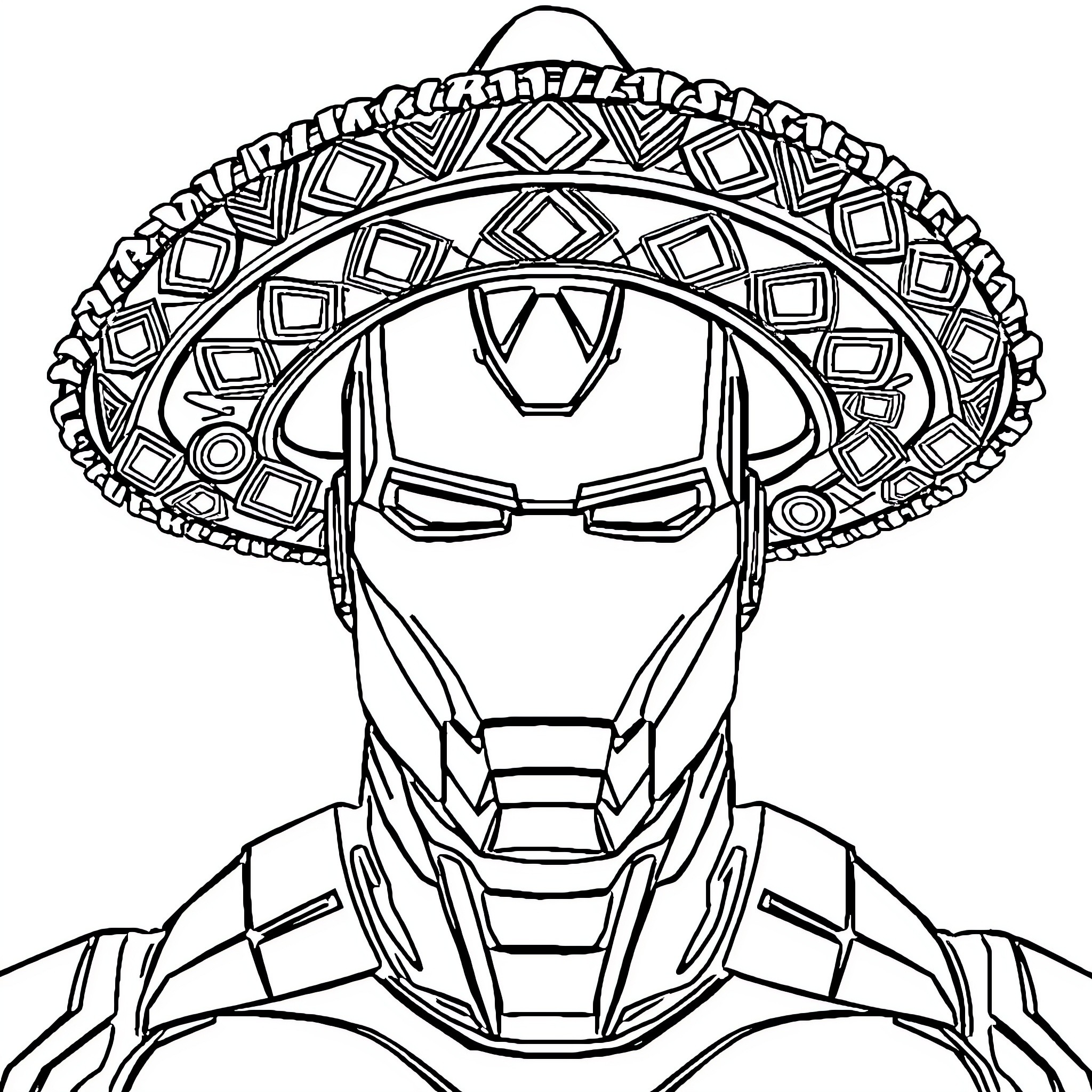 Iron Man in Intricate Headpiece Coloring Page (free black-and-white line drawing printable PDF for all, from beginners to advanced learners, including children, teens, adults, and seniors)