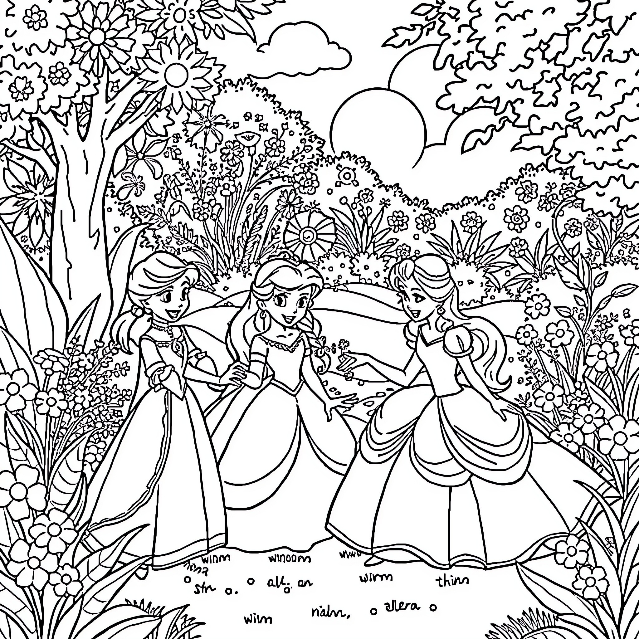 Princess garden dance in the meadow Coloring Page (free black-and-white line drawing printable PDF for all, from beginners to advanced learners, including children, teens, adults, and seniors)