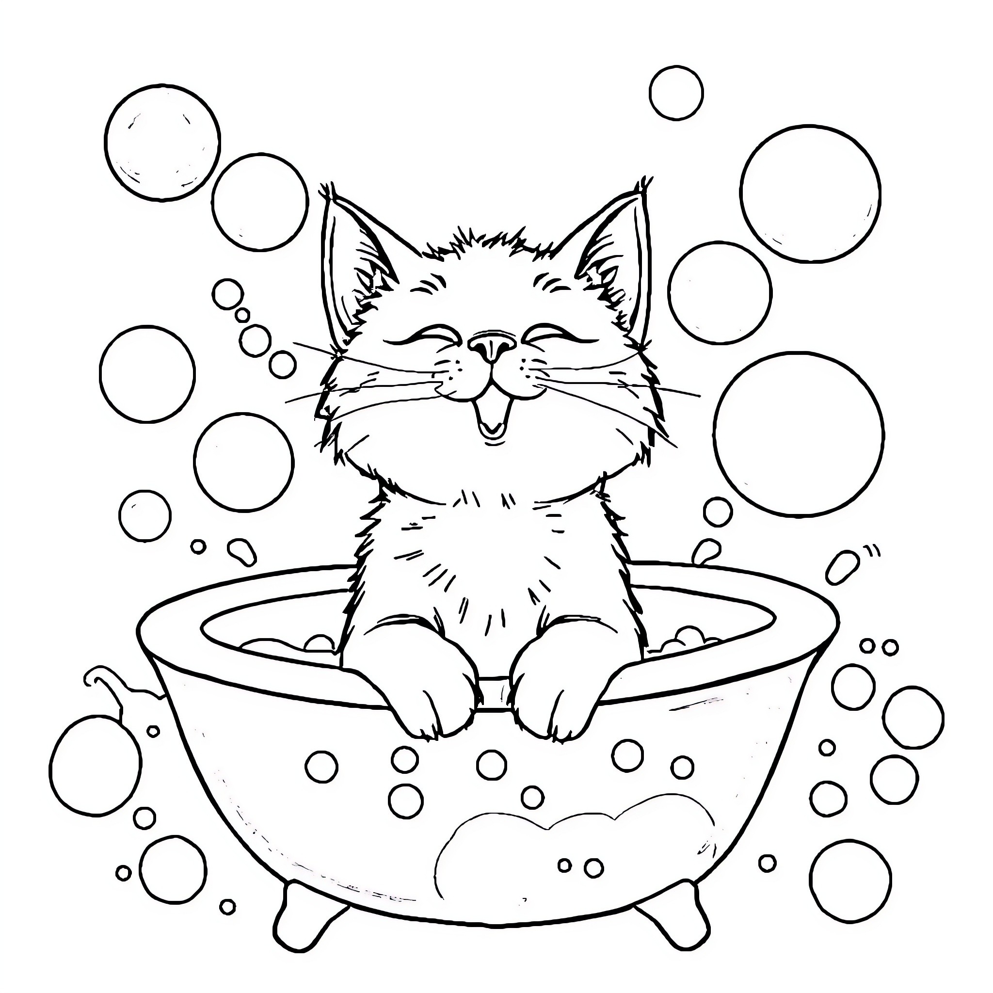 Cat enjoying a bubbly bath Coloring Page (free black-and-white line drawing printable PDF for all, from beginners to advanced learners, including children, teens, adults, and seniors)