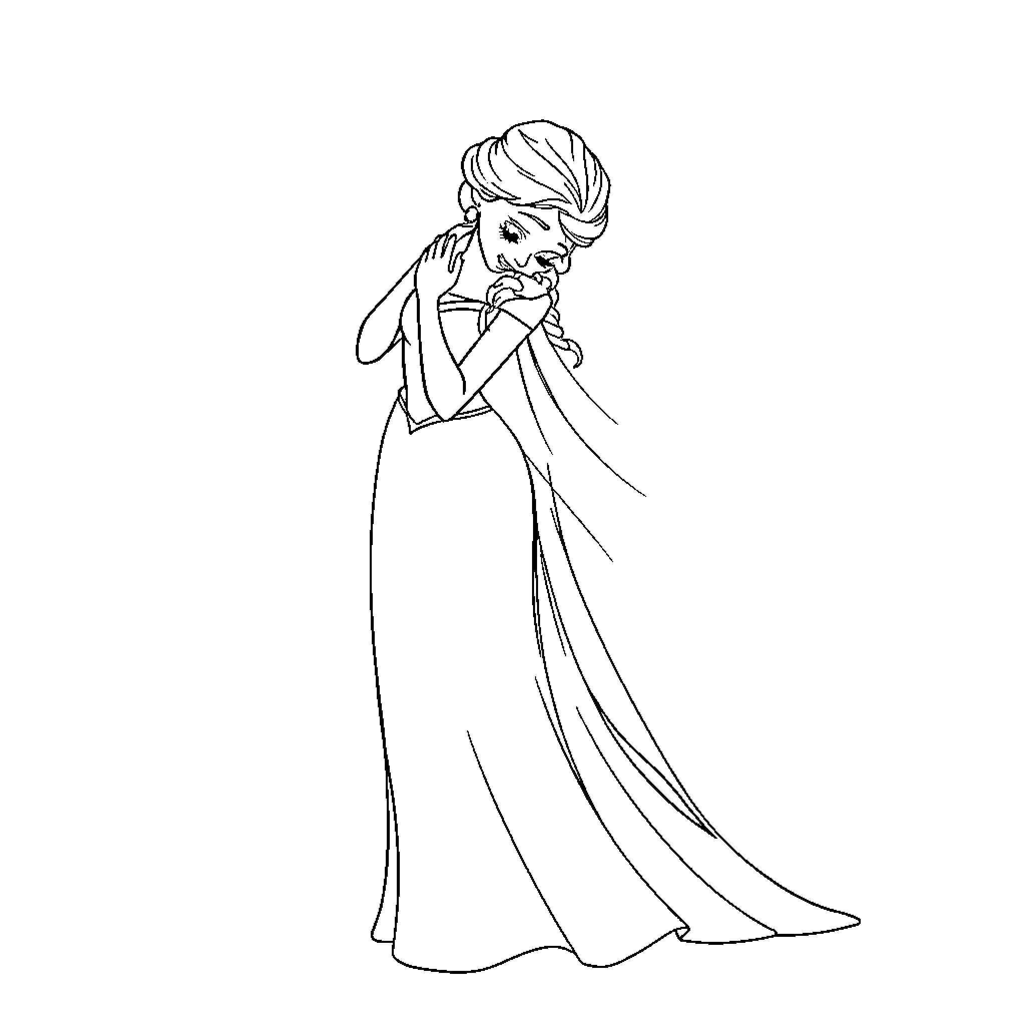 Elsa in a Lovely Gown Coloring Page (free black-and-white line drawing printable PDF for all, from beginners to advanced learners, including children, teens, adults, and seniors)