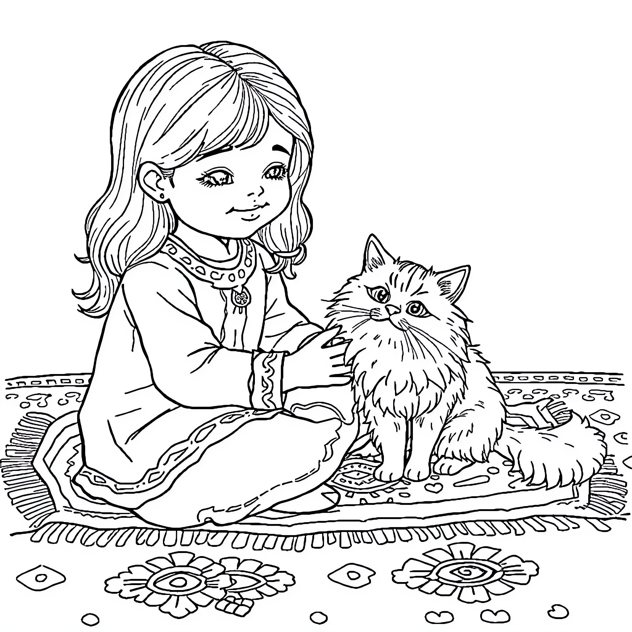 Girl Petting Adorable Kitten on Patterned Rug Coloring Page (free black-and-white line drawing printable PDF for all, from beginners to advanced learners, including children, teens, adults, and seniors)