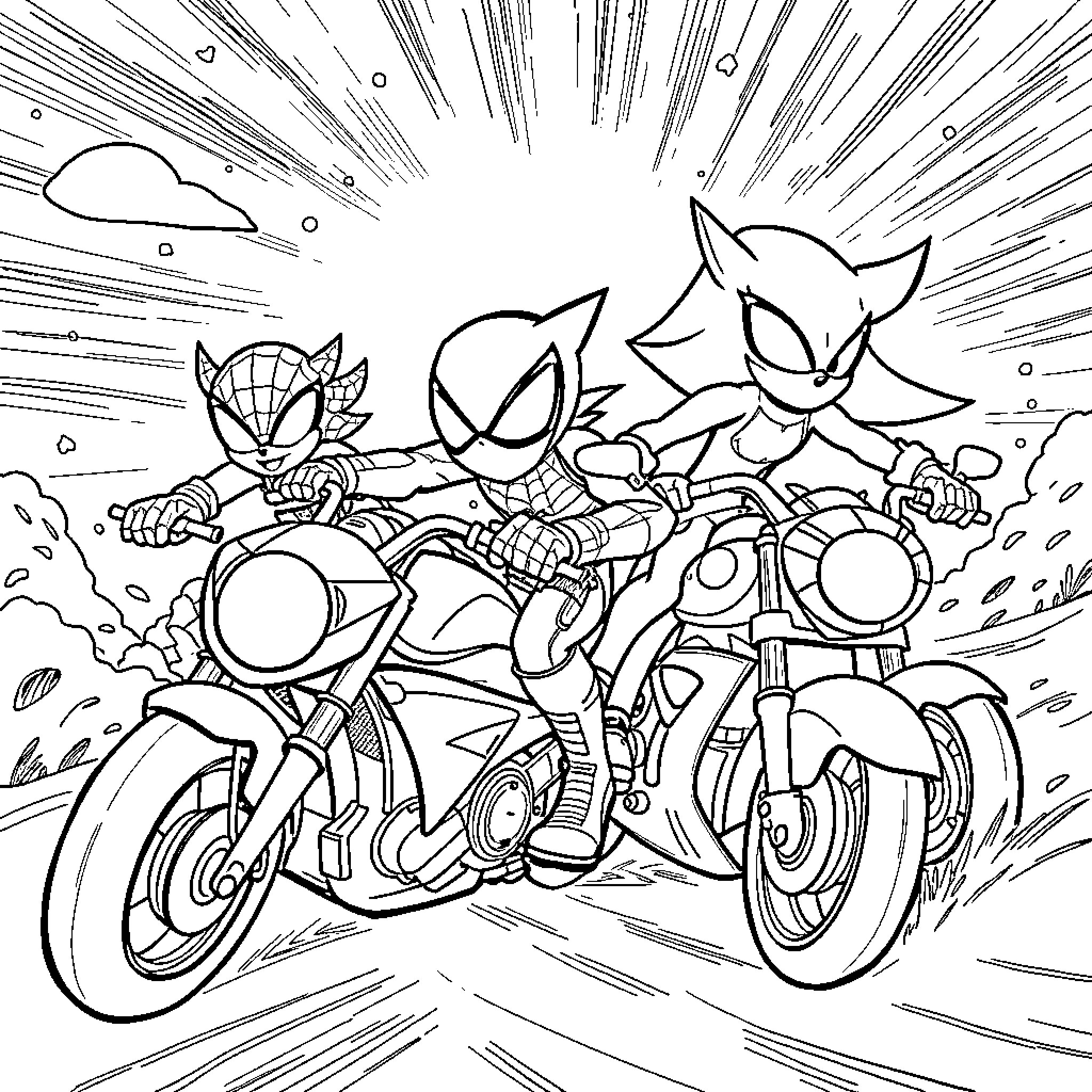 Spidey heroes racing on futuristic motorcycles Coloring Page (free black-and-white line drawing printable PDF for all, from beginners to advanced learners, including children, teens, adults, and seniors)