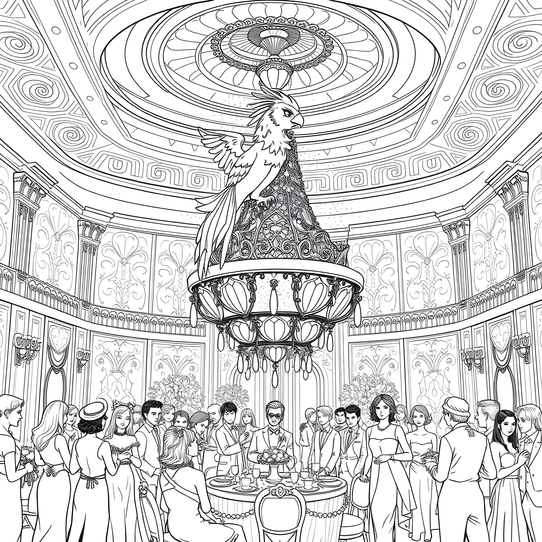 Aphmau's Elegant Celebration in a Magnificent Ballroom Coloring Page (free black-and-white line drawing printable PDF for all, from beginners to advanced learners, including children, teens, adults, and seniors)
