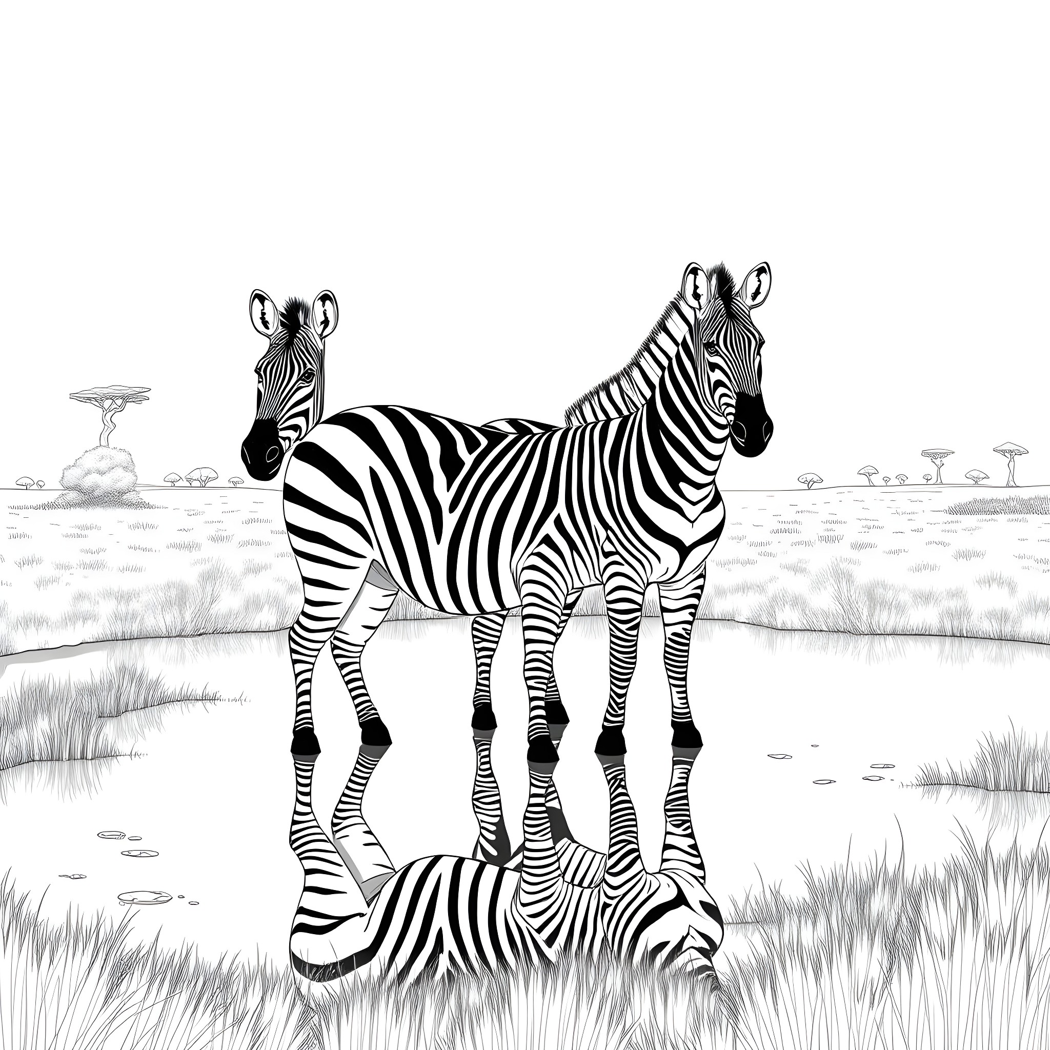 Zebra pair in the savanna Coloring Page (free black-and-white line drawing printable PDF for all, from beginners to advanced learners, including children, teens, adults, and seniors)