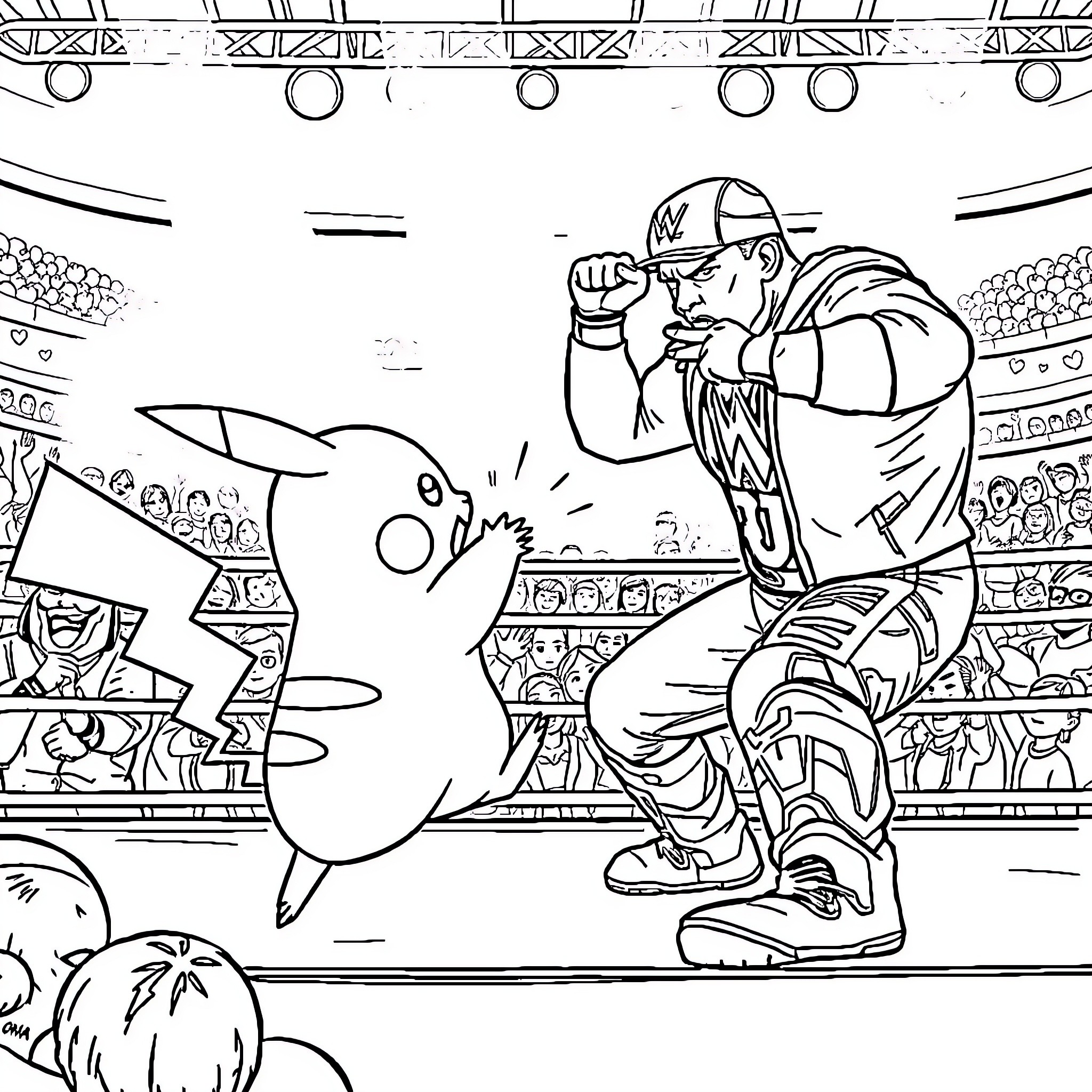 Pikachu battling with a trainer in a Pokemon stadium Coloring Page (free black-and-white line drawing printable PDF for all, from beginners to advanced learners, including children, teens, adults, and seniors)