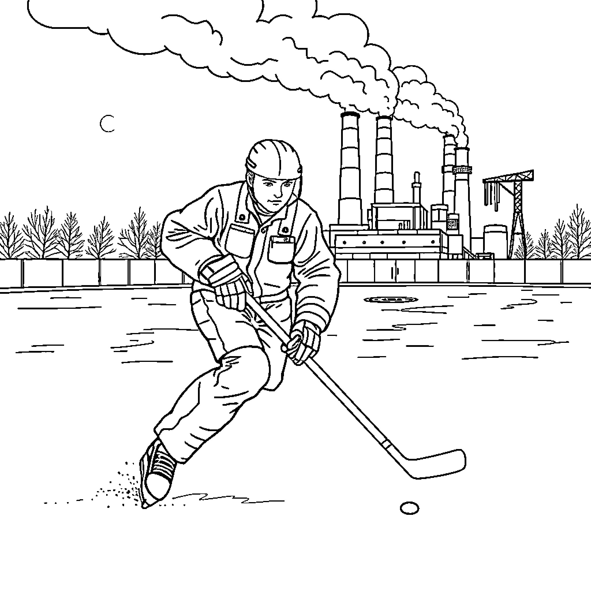 Hockey player on the ice near industrial landscape Coloring Page (free black-and-white line drawing printable PDF for all, from beginners to advanced learners, including children, teens, adults, and seniors)