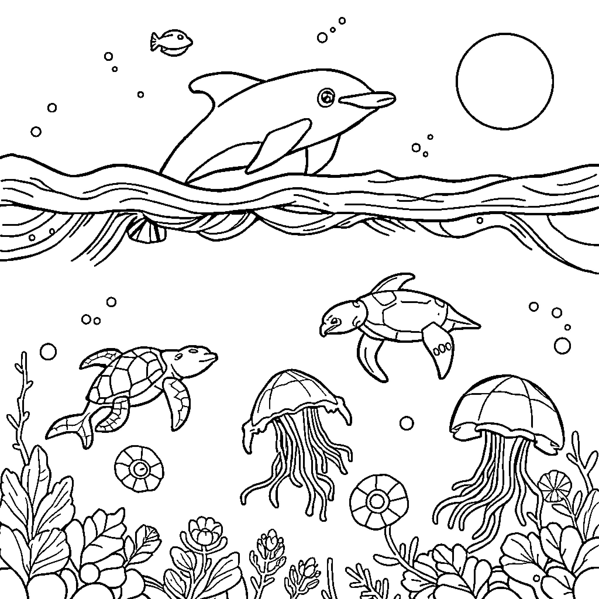 Ocean Creature Inhabitants Exploring the Sea Coloring Page (free black-and-white line drawing printable PDF for all, from beginners to advanced learners, including children, teens, adults, and seniors)