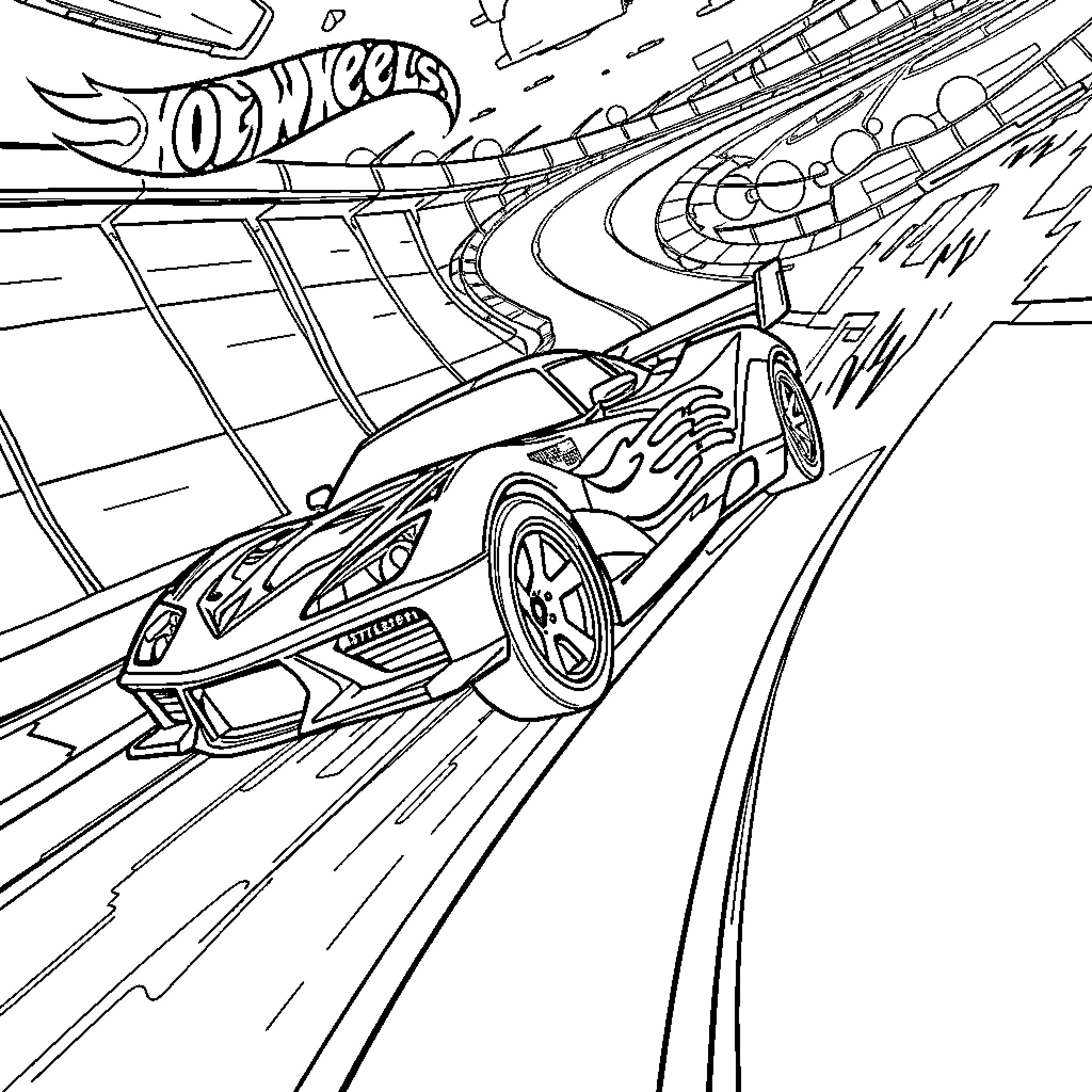 Car racing at high speed through a winding track Coloring Page (free black-and-white line drawing printable PDF for all, from beginners to advanced learners, including children, teens, adults, and seniors)