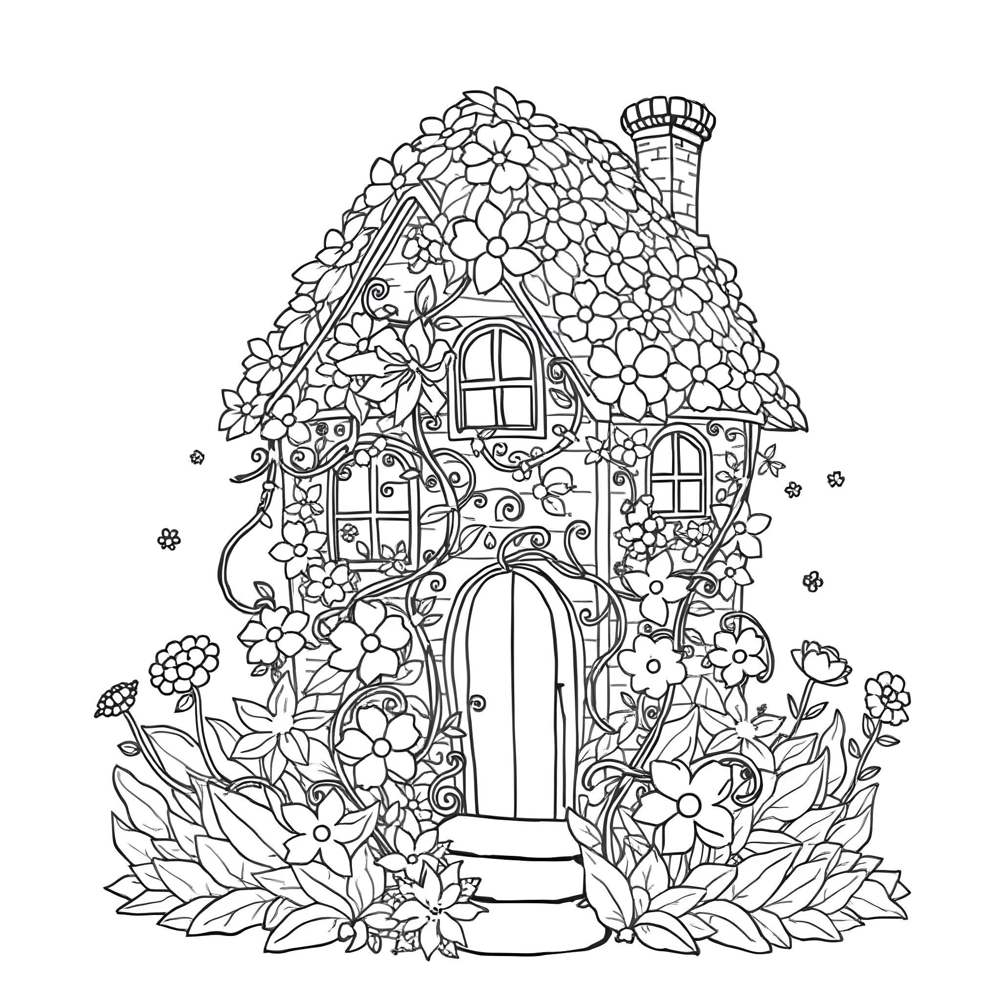 House with Floral Design and Whimsical Details Coloring Page (free black-and-white line drawing printable PDF for all, from beginners to advanced learners, including children, teens, adults, and seniors)