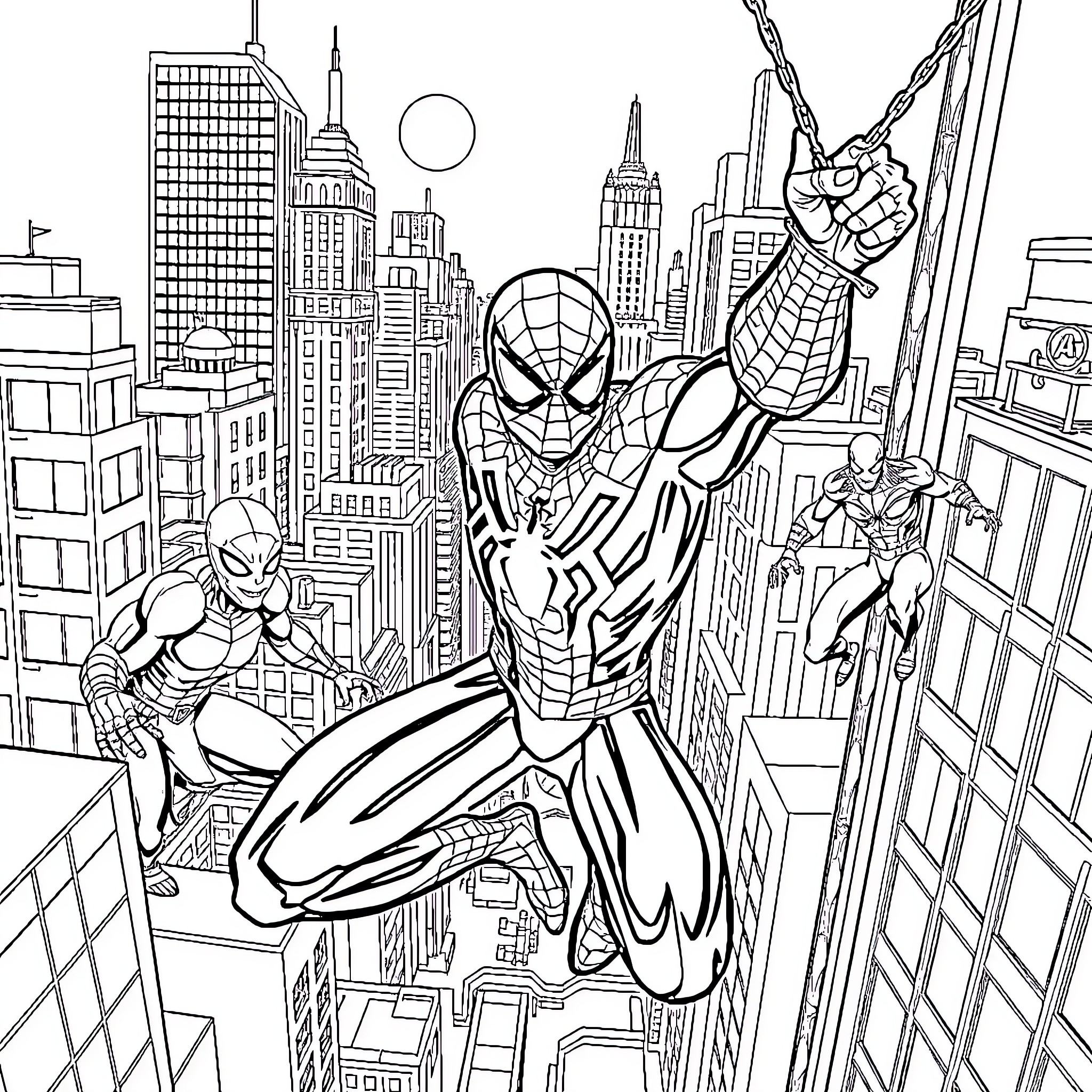 Spider-Man swinging through the city skyline Coloring Page (free black-and-white line drawing printable PDF for all, from beginners to advanced learners, including children, teens, adults, and seniors)