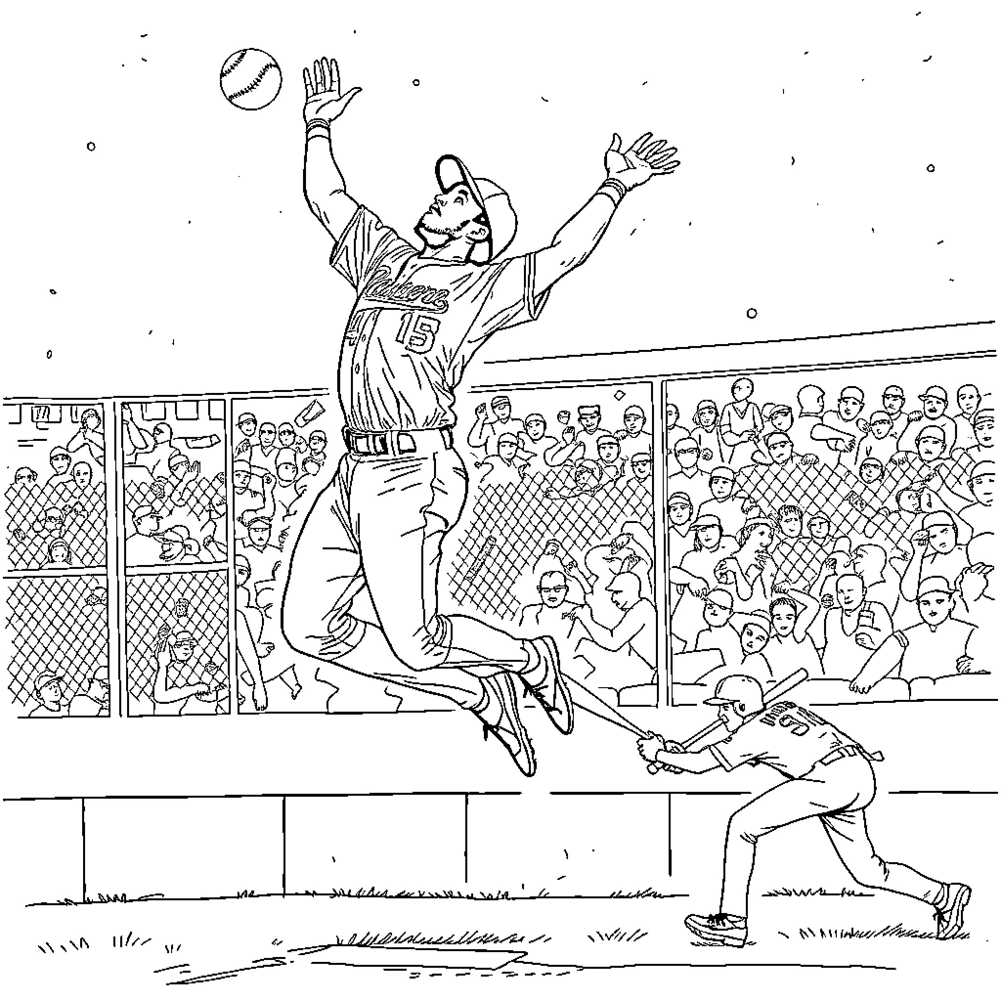 Ken Griffey Jr. Making Spectacular Catch in Baseball Game Coloring Page (free black-and-white line drawing printable PDF for all, from beginners to advanced learners, including children, teens, adults, and seniors)