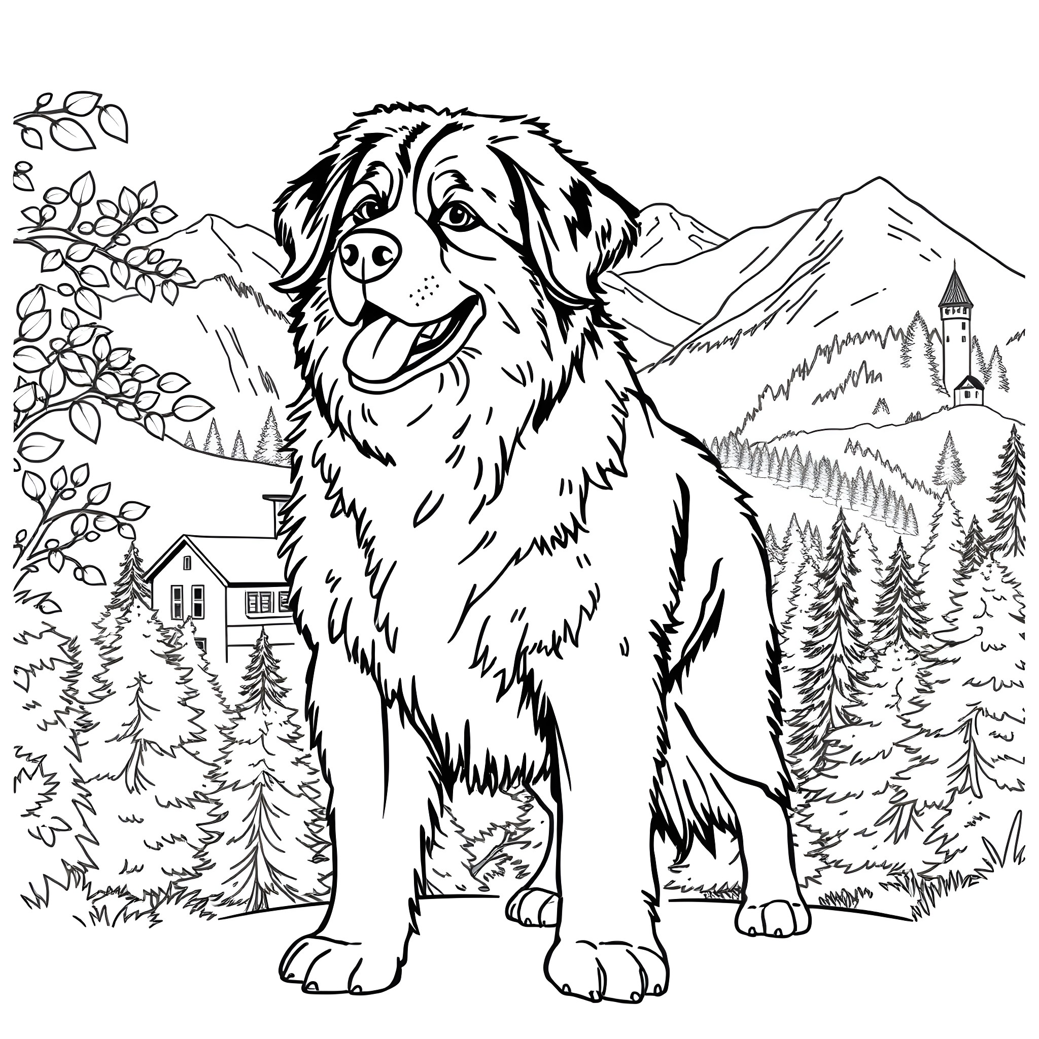 Bernese Mountain Dog enjoying a scenic mountain landscape Coloring Page (free black-and-white line drawing printable PDF for all, from beginners to advanced learners, including children, teens, adults, and seniors)