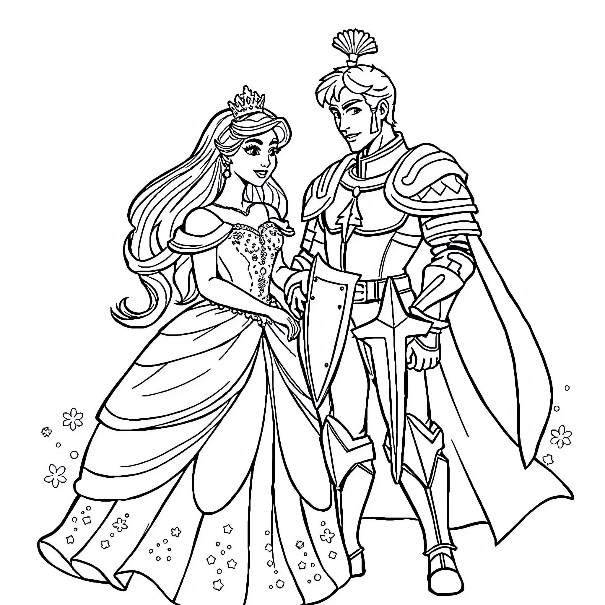 Prince and Princess in Formal Attire Coloring Page (free black-and-white line drawing printable PDF for all, from beginners to advanced learners, including children, teens, adults, and seniors)