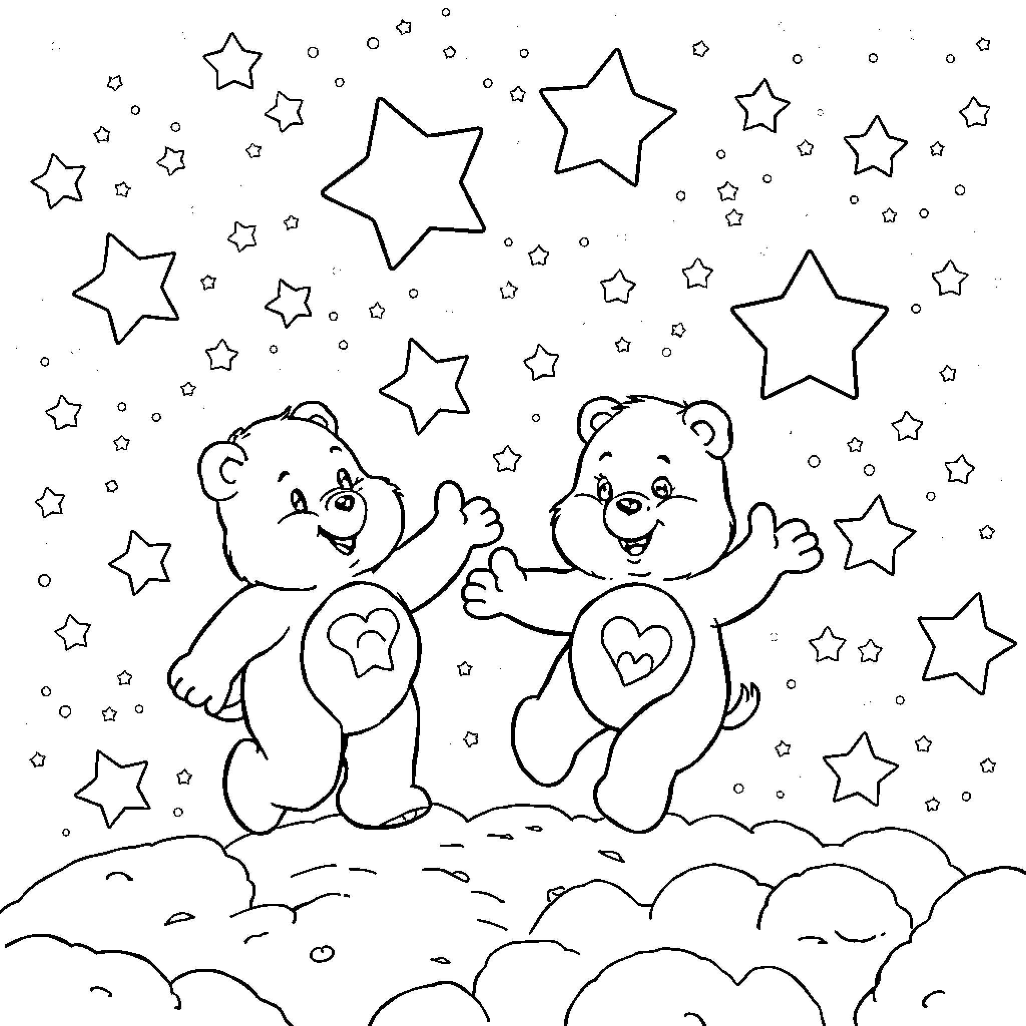 Care Bears playing among the stars Coloring Page (free black-and-white line drawing printable PDF for all, from beginners to advanced learners, including children, teens, adults, and seniors)