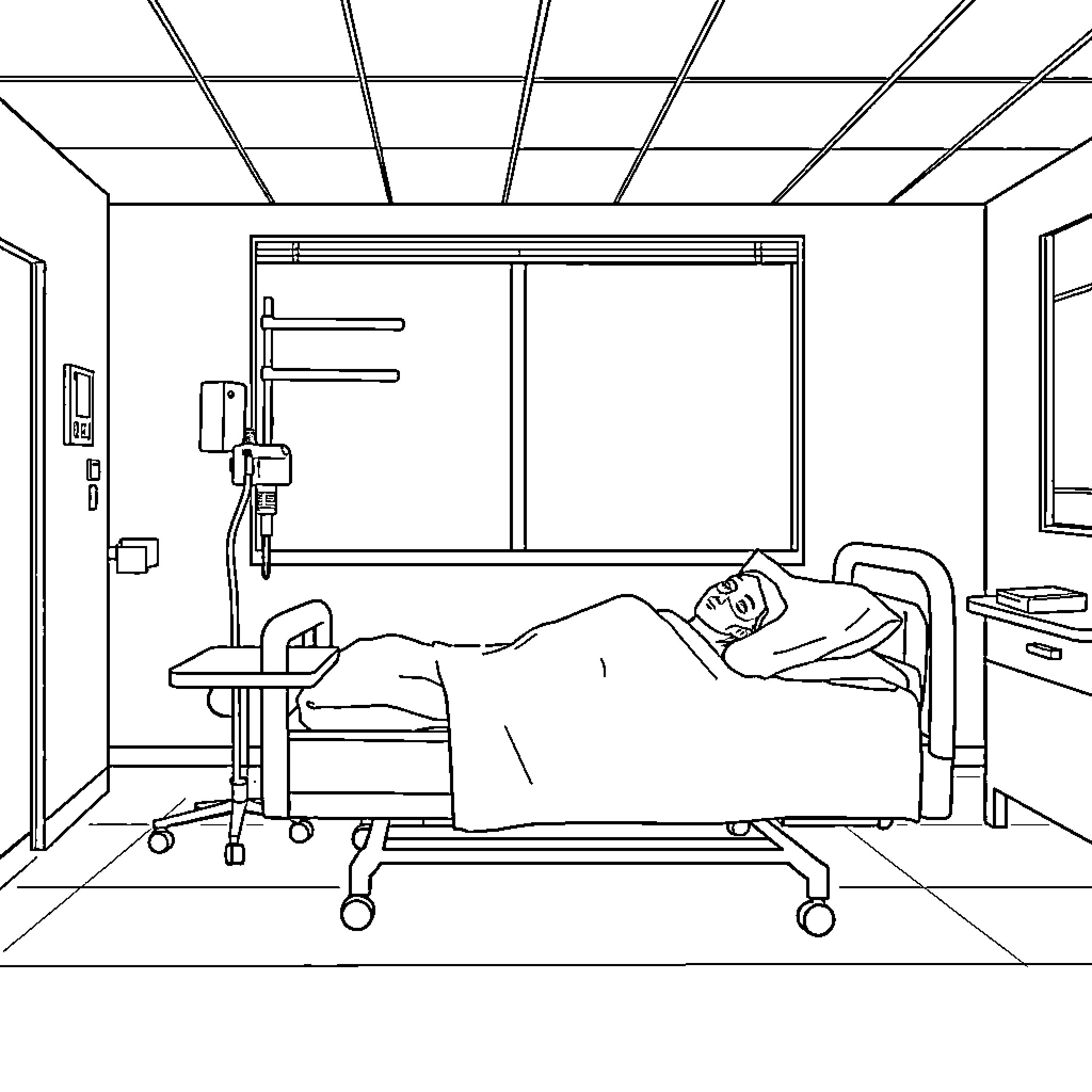 Patient resting on hospital bed Coloring Page (free black-and-white line drawing printable PDF for all, from beginners to advanced learners, including children, teens, adults, and seniors)