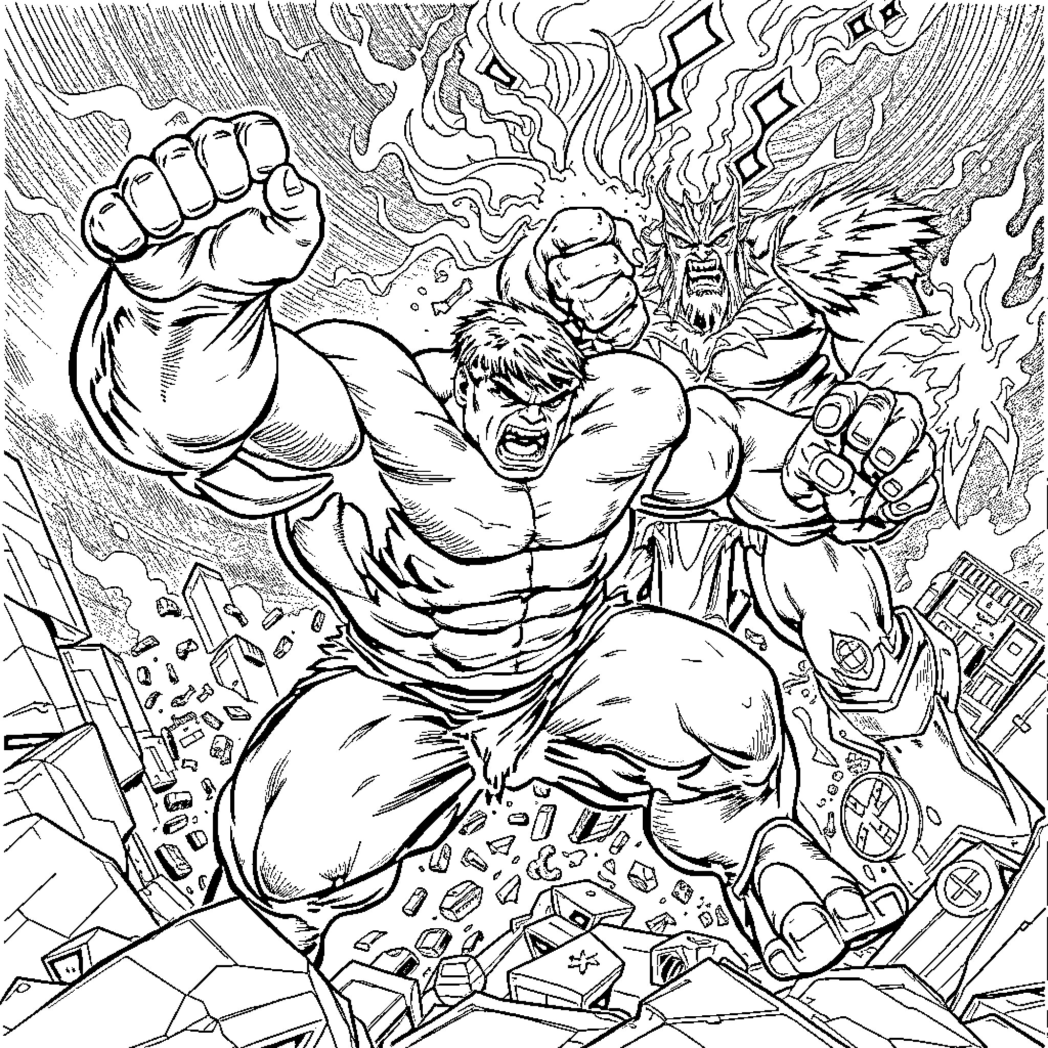 Hulk Unleashing Powerful Rage in Destructive Frenzy Coloring Page (free black-and-white line drawing printable PDF for all, from beginners to advanced learners, including children, teens, adults, and seniors)