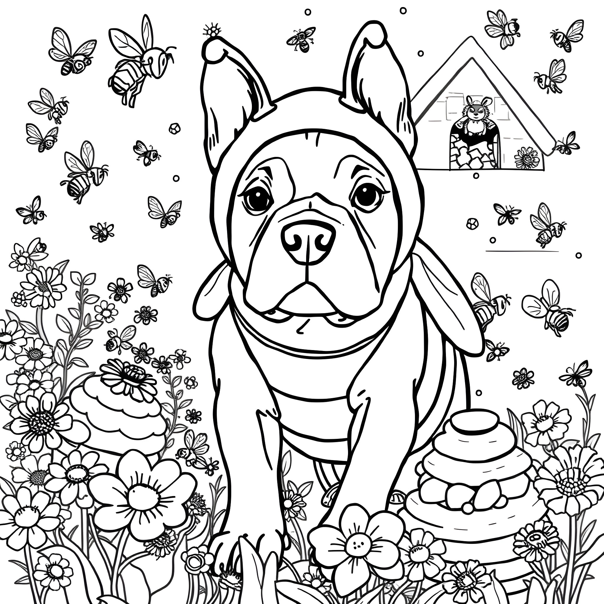 Pitbull in a Floral Garden with Butterflies Coloring Page (free black-and-white line drawing printable PDF for all, from beginners to advanced learners, including children, teens, adults, and seniors)