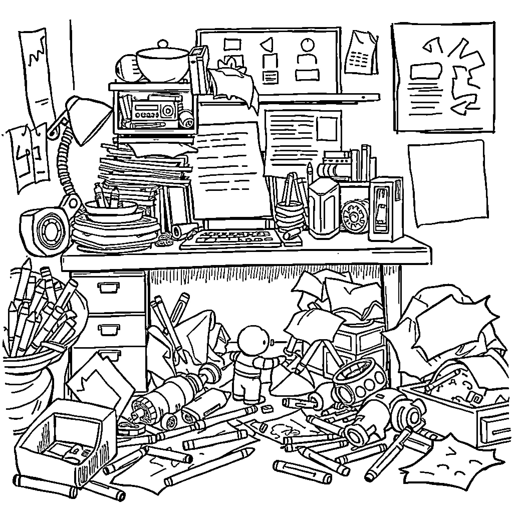 Child's Cluttered and Messy Desk with School Supplies Coloring Page (free black-and-white line drawing printable PDF for all, from beginners to advanced learners, including children, teens, adults, and seniors)