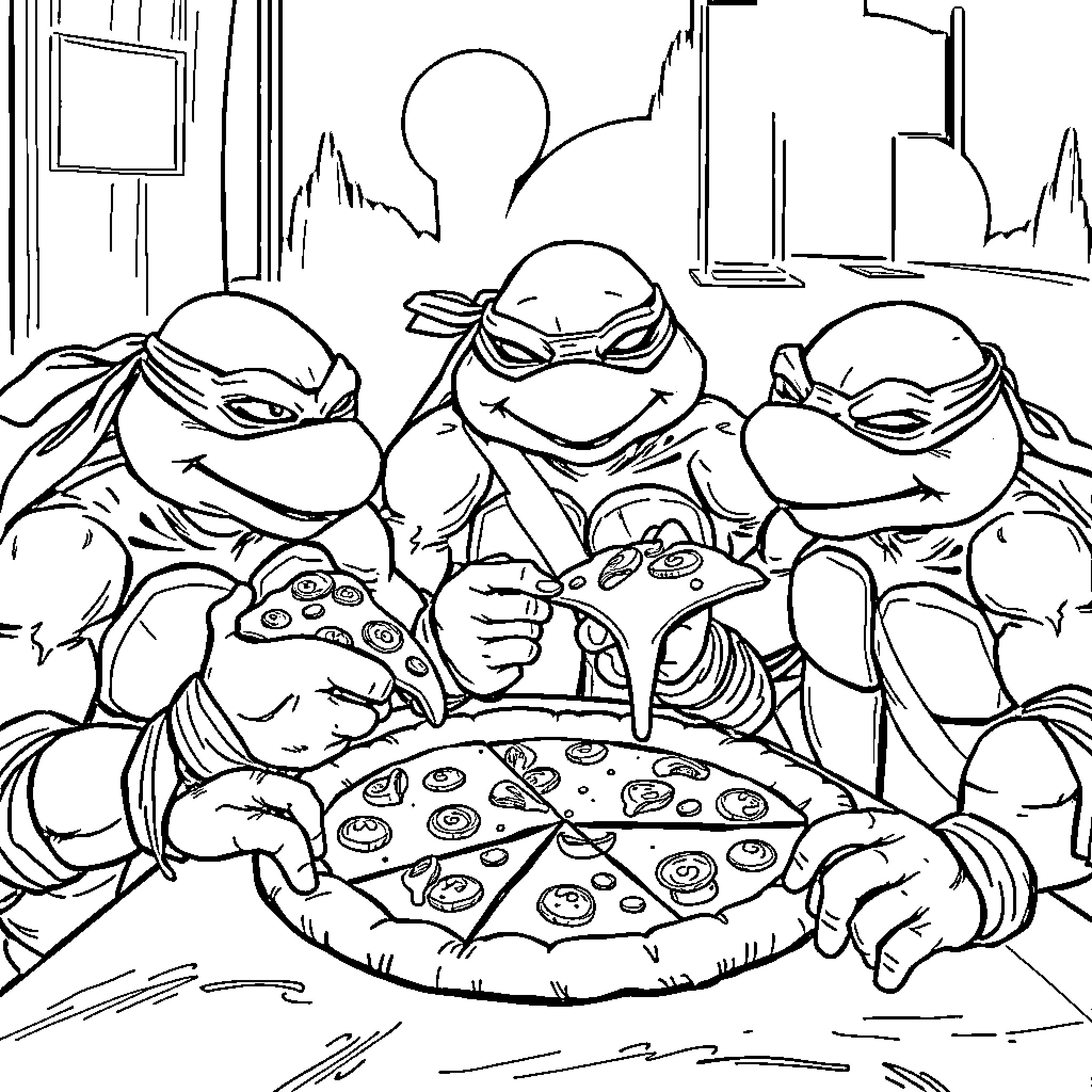 Ninja Turtles enjoying a pizza party Coloring Page (free black-and-white line drawing printable PDF for all, from beginners to advanced learners, including children, teens, adults, and seniors)