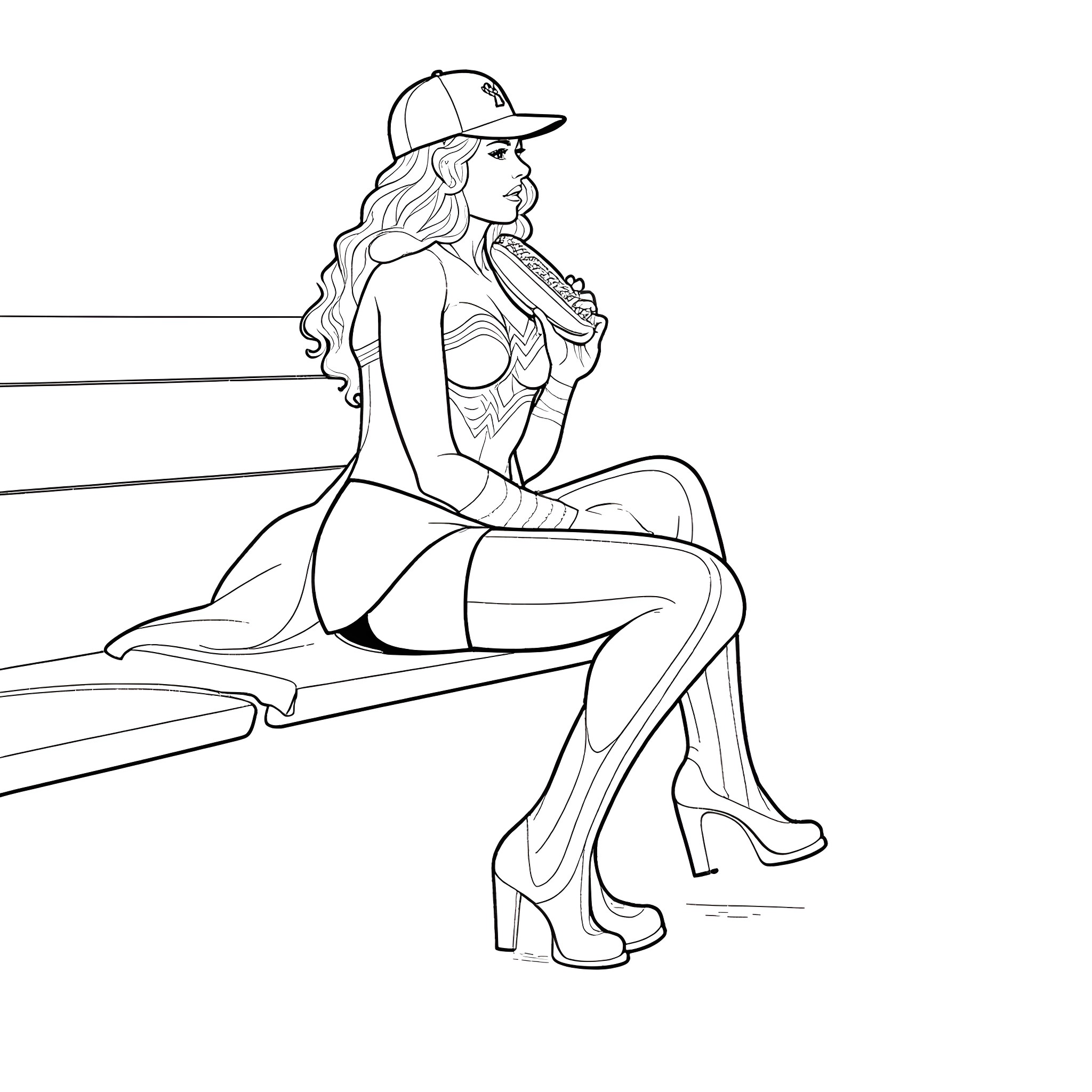 Wonderwoman relaxing in stylish outfit on bench Coloring Page (free black-and-white line drawing printable PDF for all, from beginners to advanced learners, including children, teens, adults, and seniors)