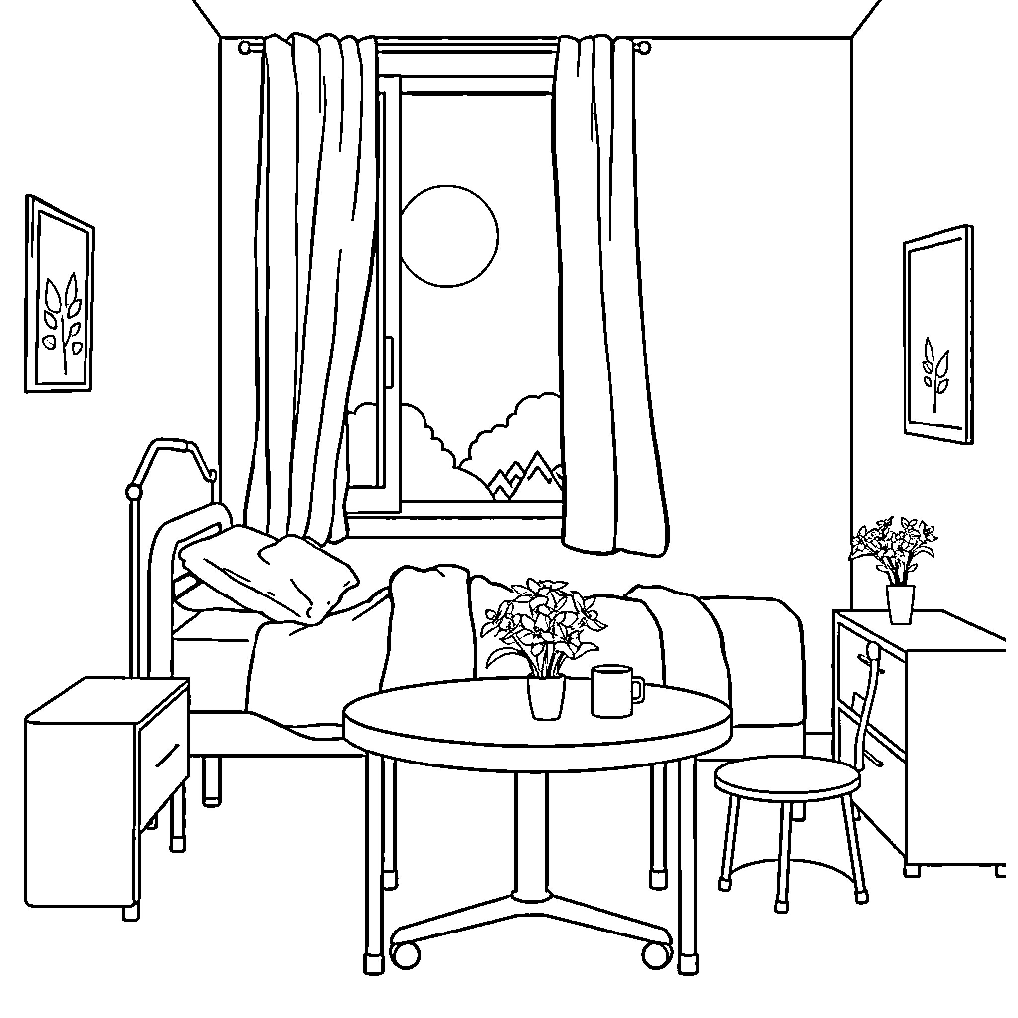 Grandmother's cozy living room with scenic view Coloring Page (free black-and-white line drawing printable PDF for all, from beginners to advanced learners, including children, teens, adults, and seniors)