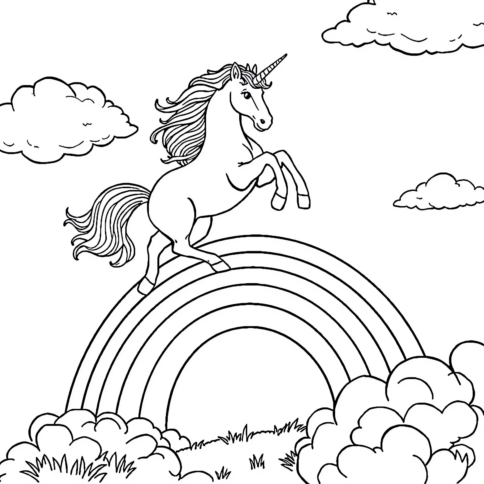 Unicorn leaping over rainbow in clouds Coloring Page (free black-and-white line drawing printable PDF for all, from beginners to advanced learners, including children, teens, adults, and seniors)