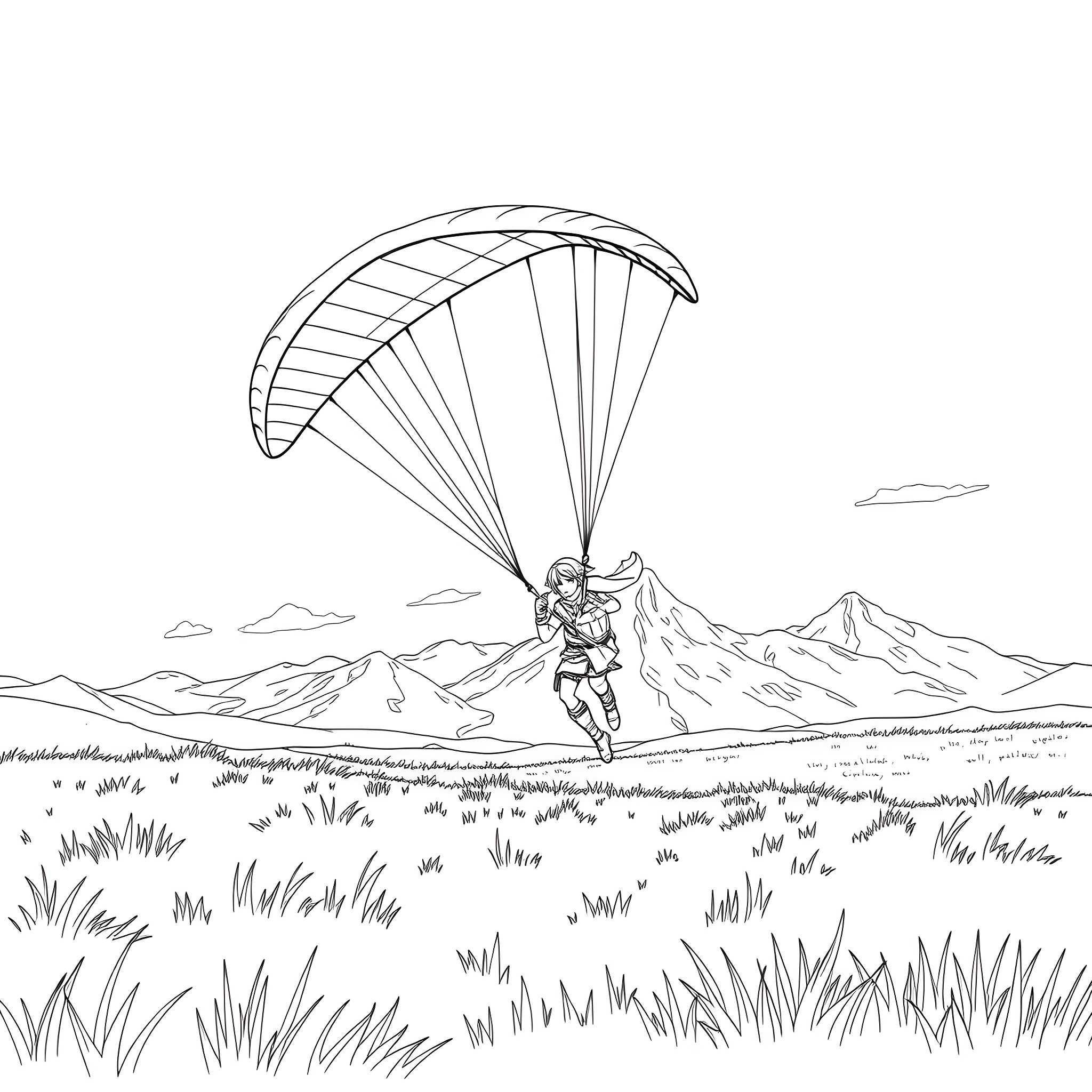 Link gliding over the mountainous landscape Coloring Page (free black-and-white line drawing printable PDF for all, from beginners to advanced learners, including children, teens, adults, and seniors)